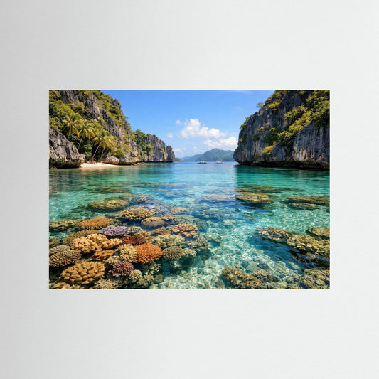 Naturposter mit Korallenriff-Bucht, türkisfarbenem Wasser und Felsklippen.