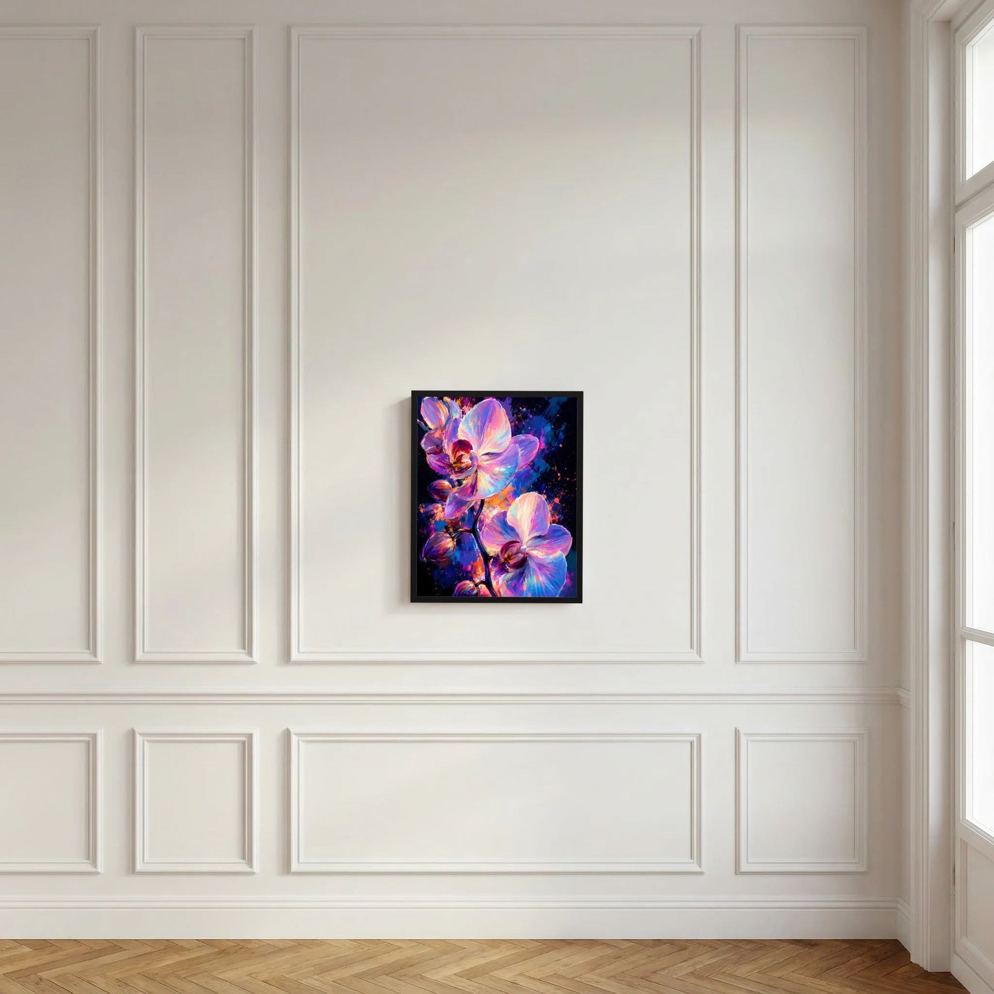Gerahmtes Hochformat-Poster mit abstrakten Orchideen in Pink, Violett und Blau