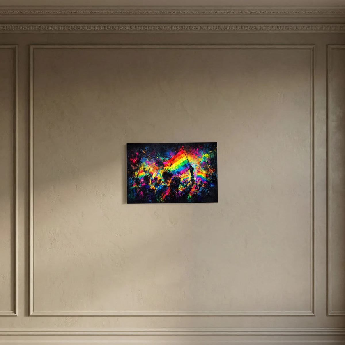 Wandbild mit Regenbogenfahne, buntem Sprühnebel und dunklen Personenschatten (Querformat)