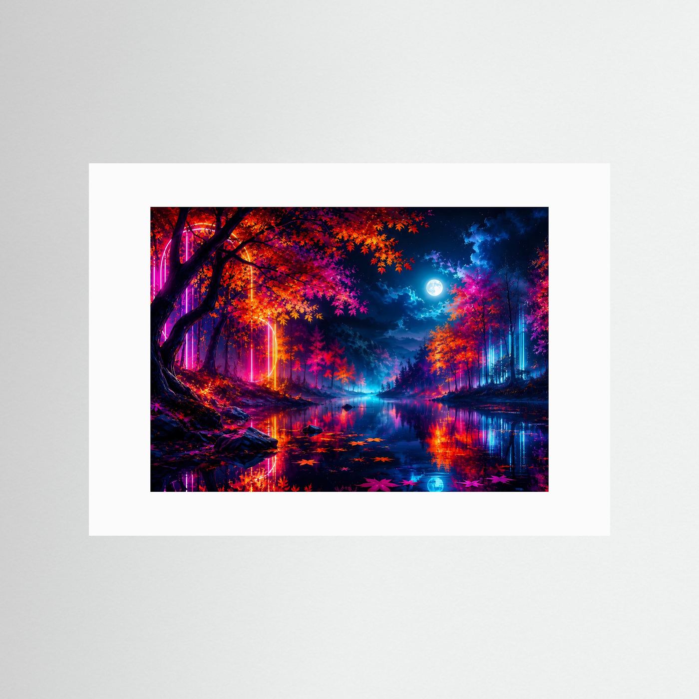 Neon Wald Poster | Futuristische Herbst Landschaft | Cyberpunk Natur Wandbild | Leuchtender Mond | Moderne Fantasy Kunst
