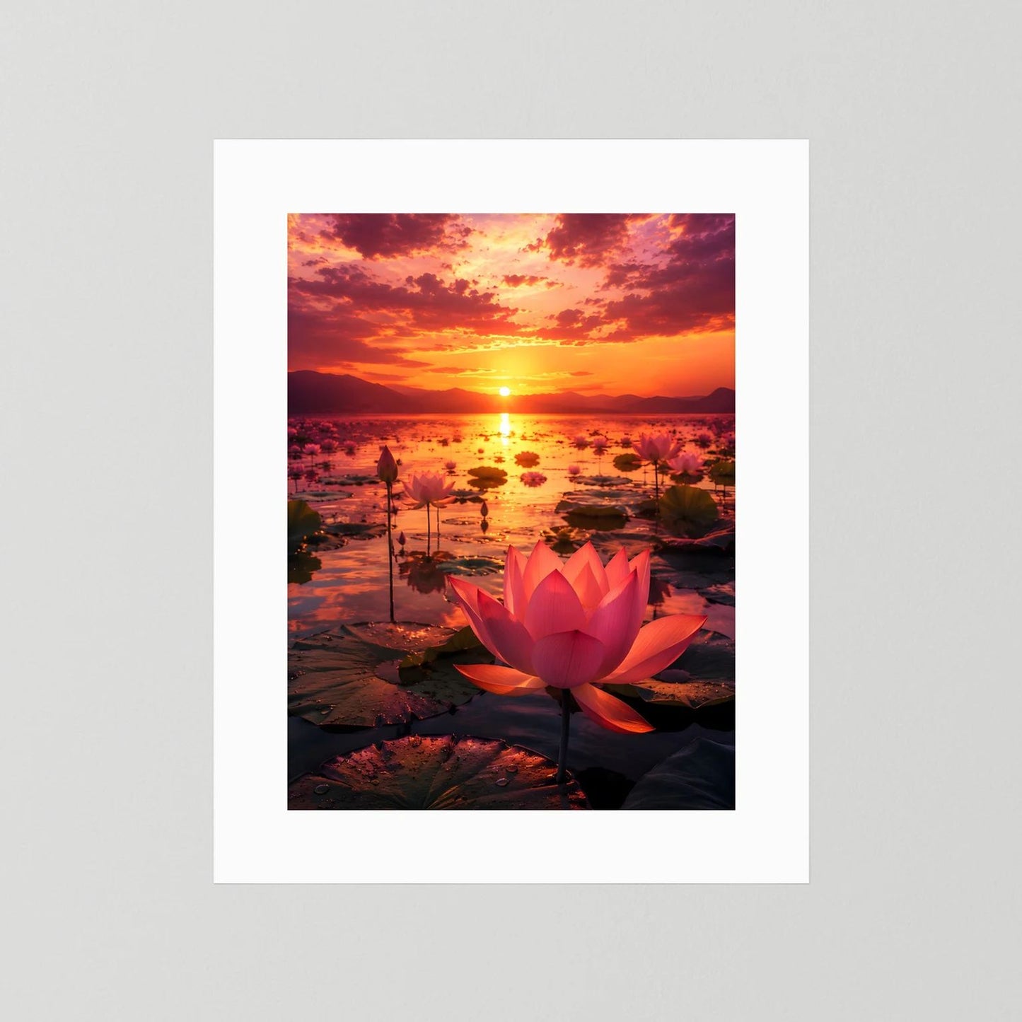Poster mit roter Lotusblüte und Sonnenuntergang, nur mit weißem Rand (ohne Rahmen).