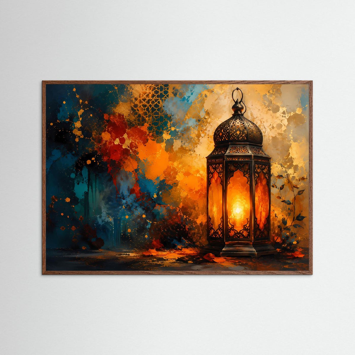Wandbild mit braunem Holzrahmen: orientalische Laterne rechts, gold-orange Leuchten, Farbverlauf