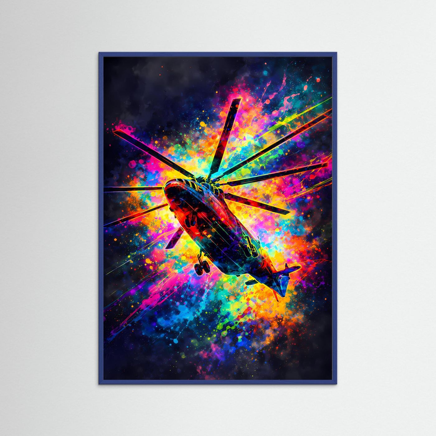 Dynamik des Himmels | Modernes Hubschrauber-Poster mit Neon-Farbspritzern | Abstraktes Kunstposter Hochformat