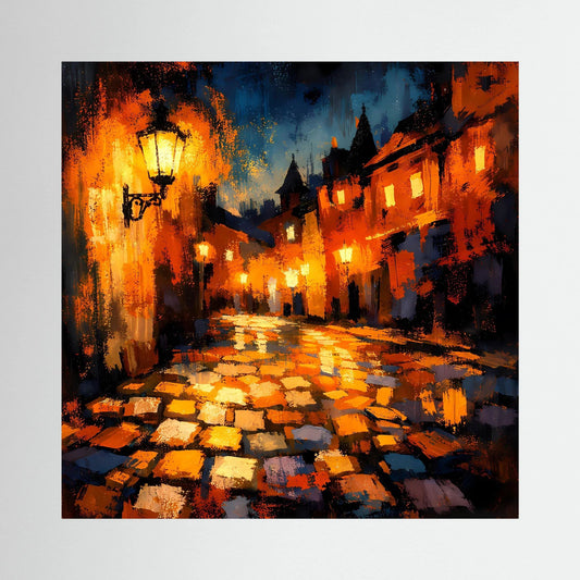 Leinwand Abstraktes Altstadt Gemälde | Modernes Romantisches Gassen Wandbild bei Nacht