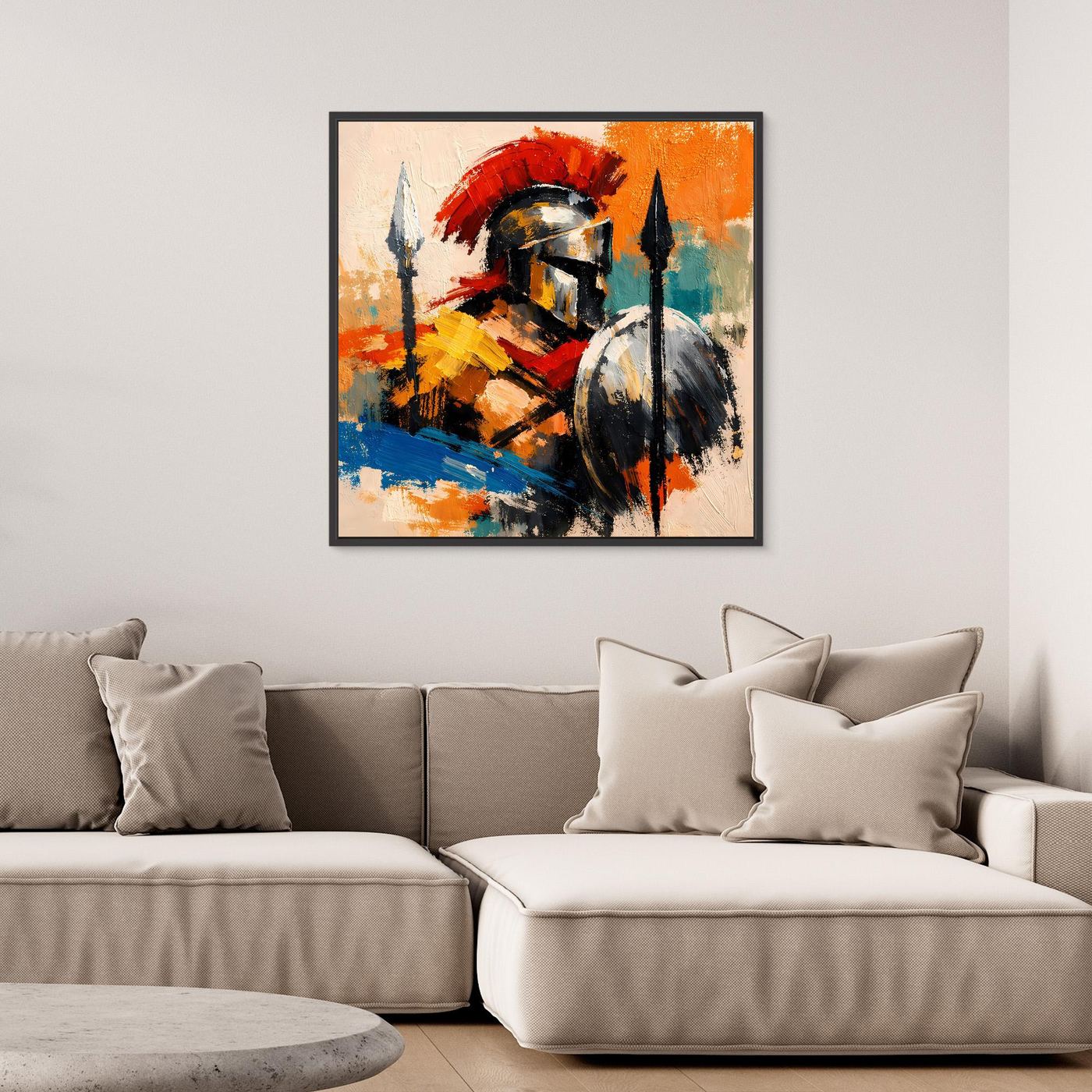 Framed abstract gladiator canvas wall art with helmet, spear, and shield in red and blue paint