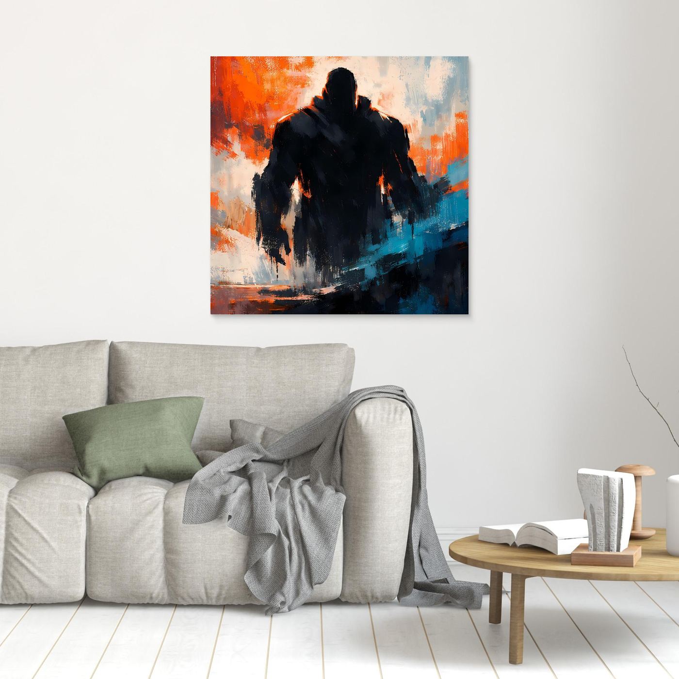 Kleines Leinwandbild mit dunkler Silhouette, orange-blau abstrakt, helles Rahmenprofil