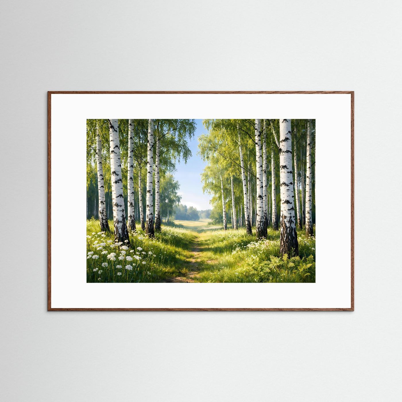 Wandposter Birkenwald und Wiesenweg im Querformat, mit braunem Holzrahmen