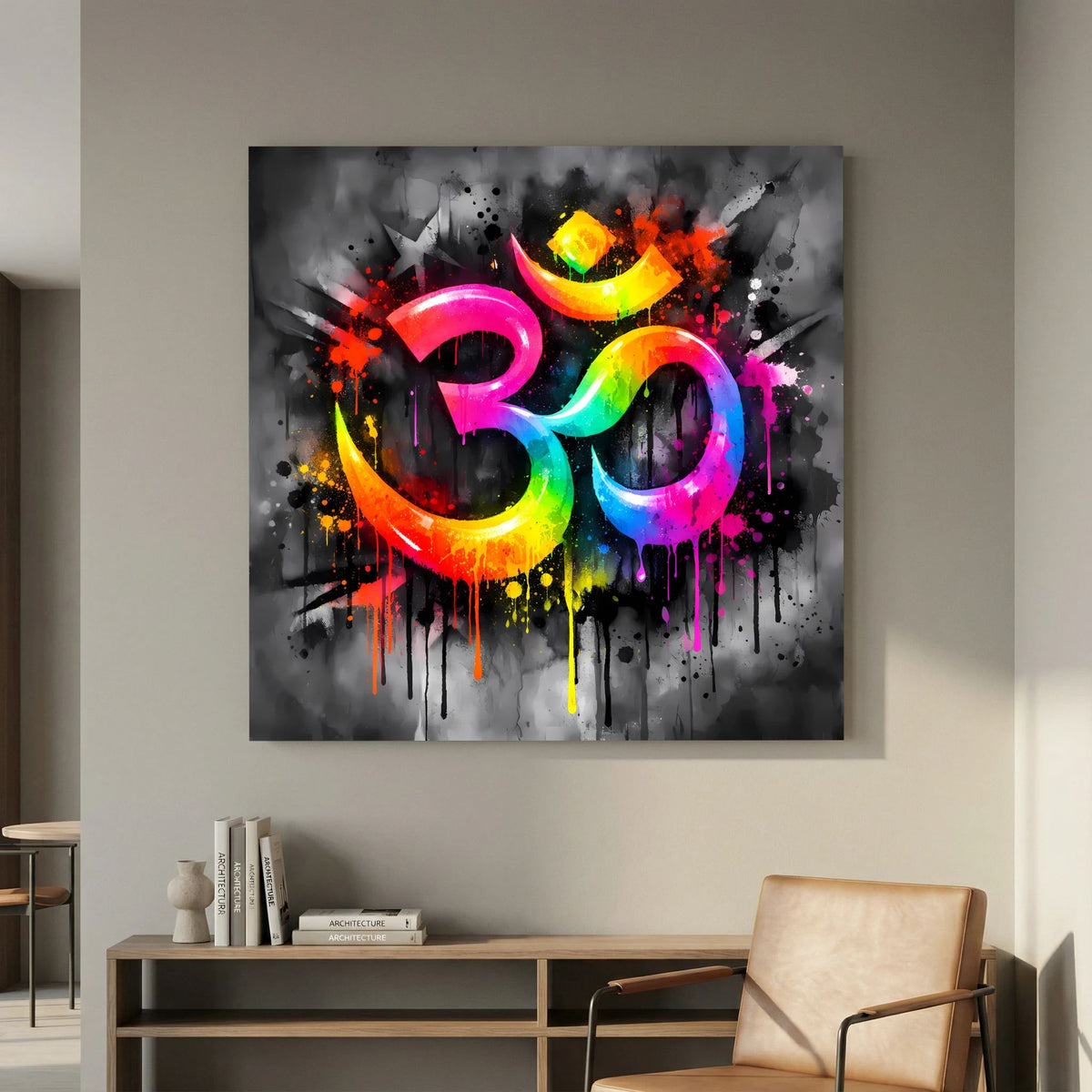 Leinwandbild mit Om-Symbol auf Keilrahmen, farbiger Regenbogenprint mit Farbverläufen.