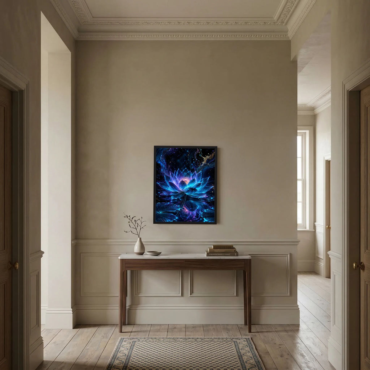Gerahmtes Kunstposter mit leuchtender Lotusblüte in Blau, Türkis und Violett