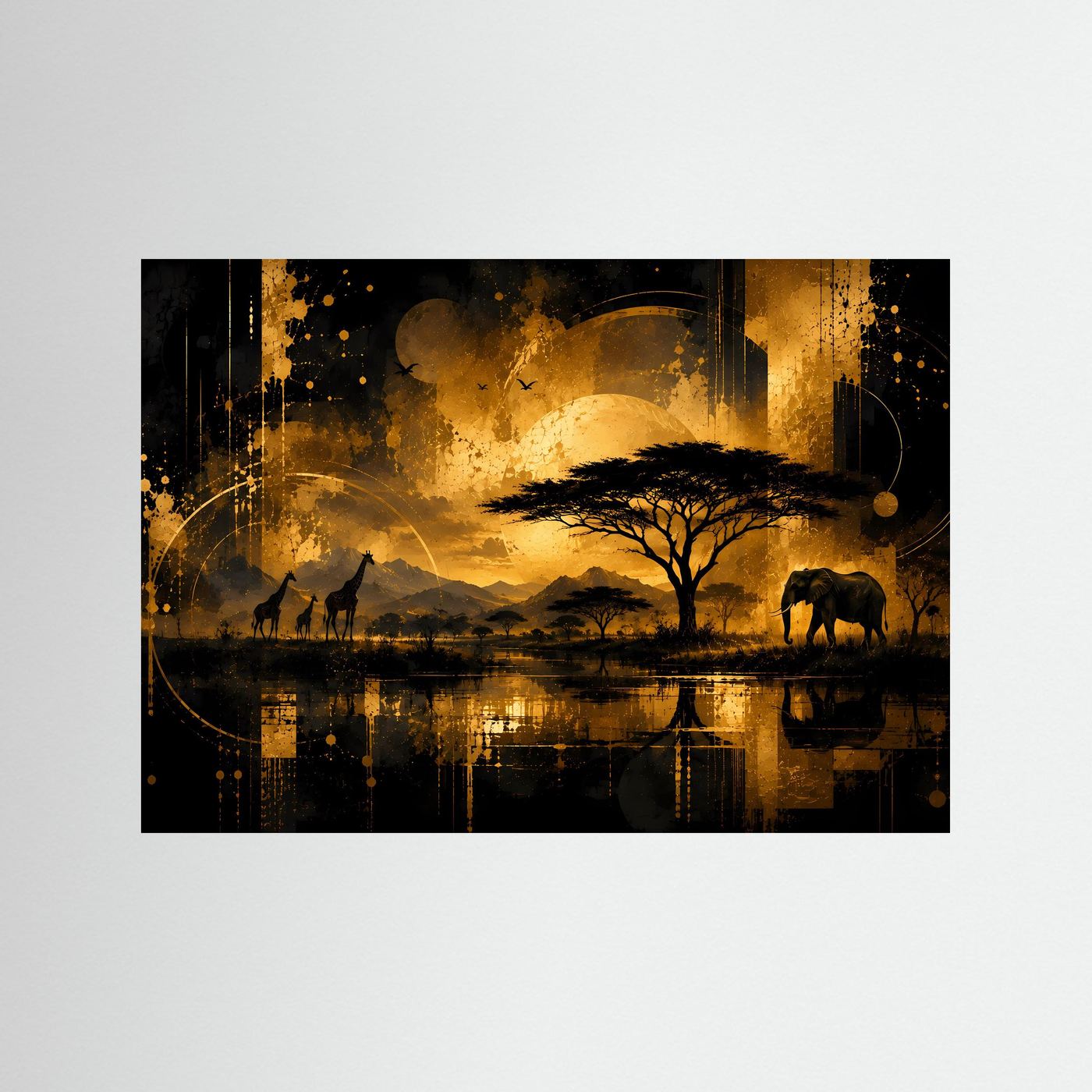 Poster im Querformat: goldene Savanne mit Elefant, Giraffen und Spiegelung, schwarze Einfassung