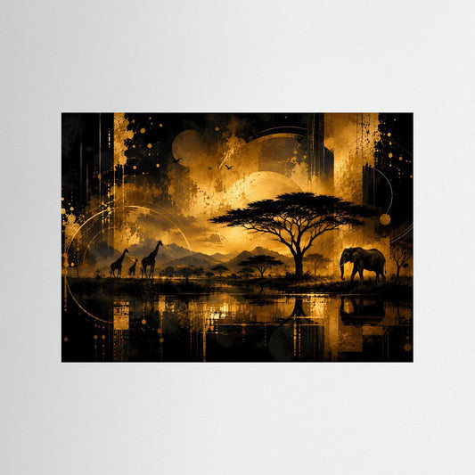Poster im Querformat: goldene Savanne mit Elefant, Giraffen und Spiegelung, schwarze Einfassung