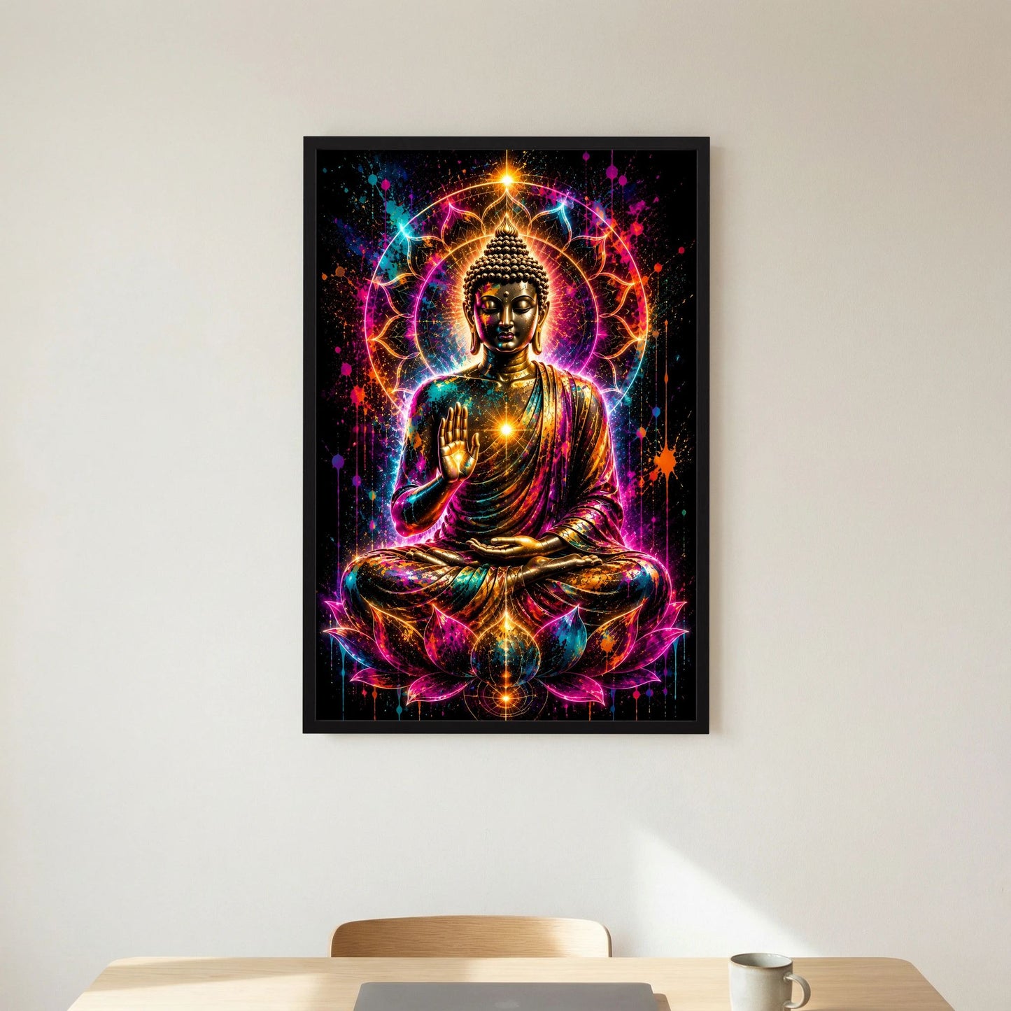 Hochformat-Poster mit Buddha-Figur in Meditation, farbige Neonringe, schwarzer Rahmen