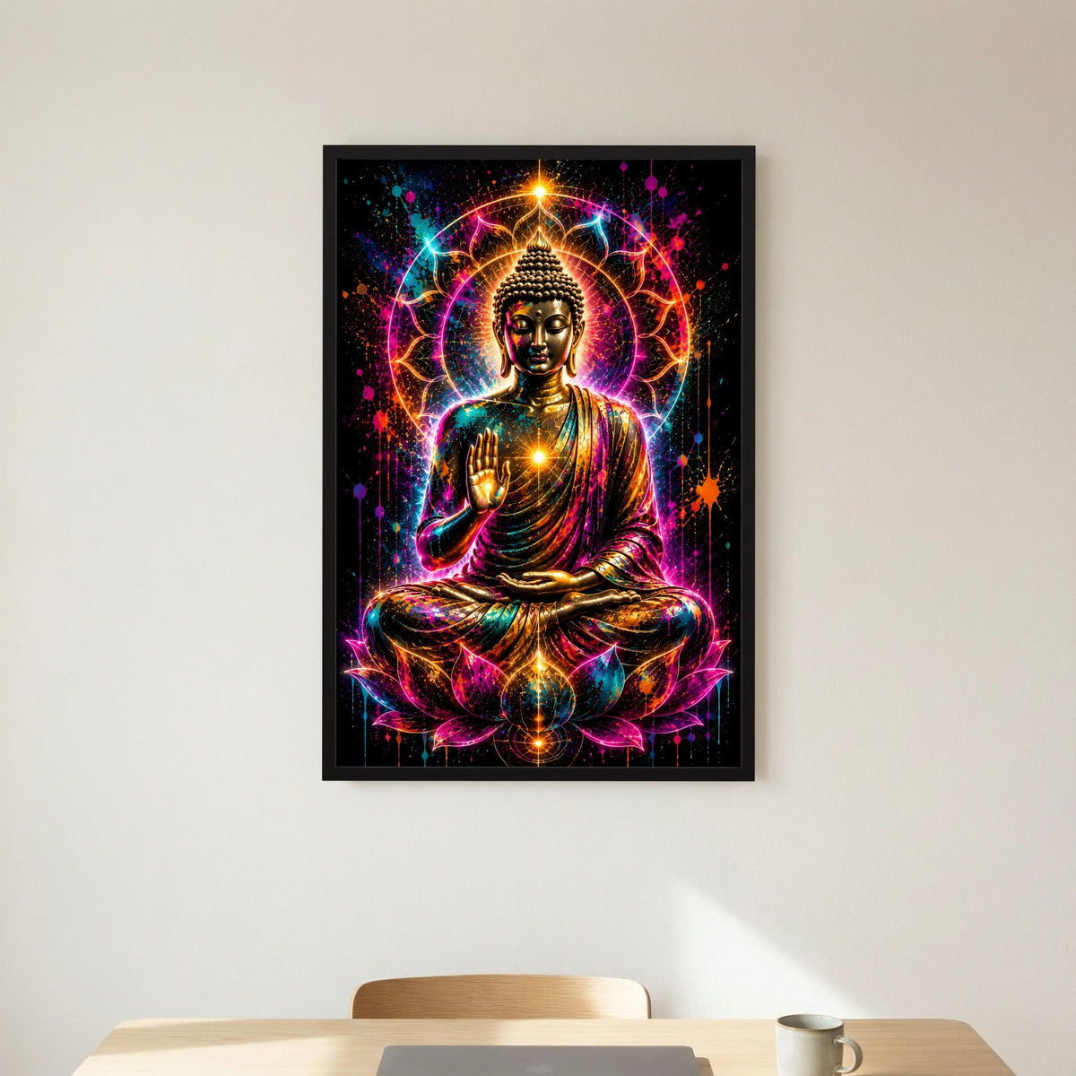 Hochformat-Poster mit Buddha-Figur in Meditation, farbige Neonringe, schwarzer Rahmen