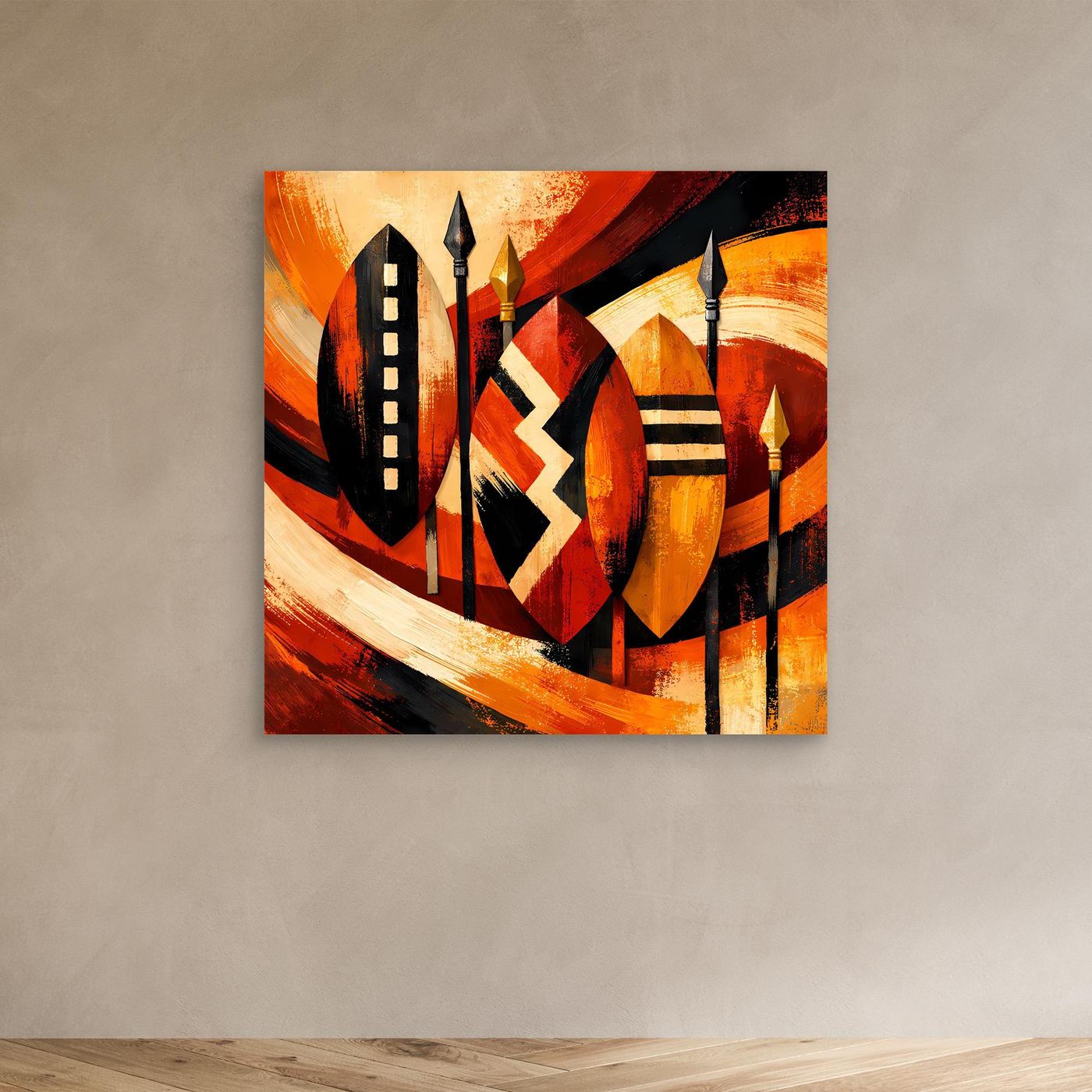 Leinwandbild abstrakte afrikanische Schilde, warmes Orange-Rot, schwarze Flächen und Streifen
