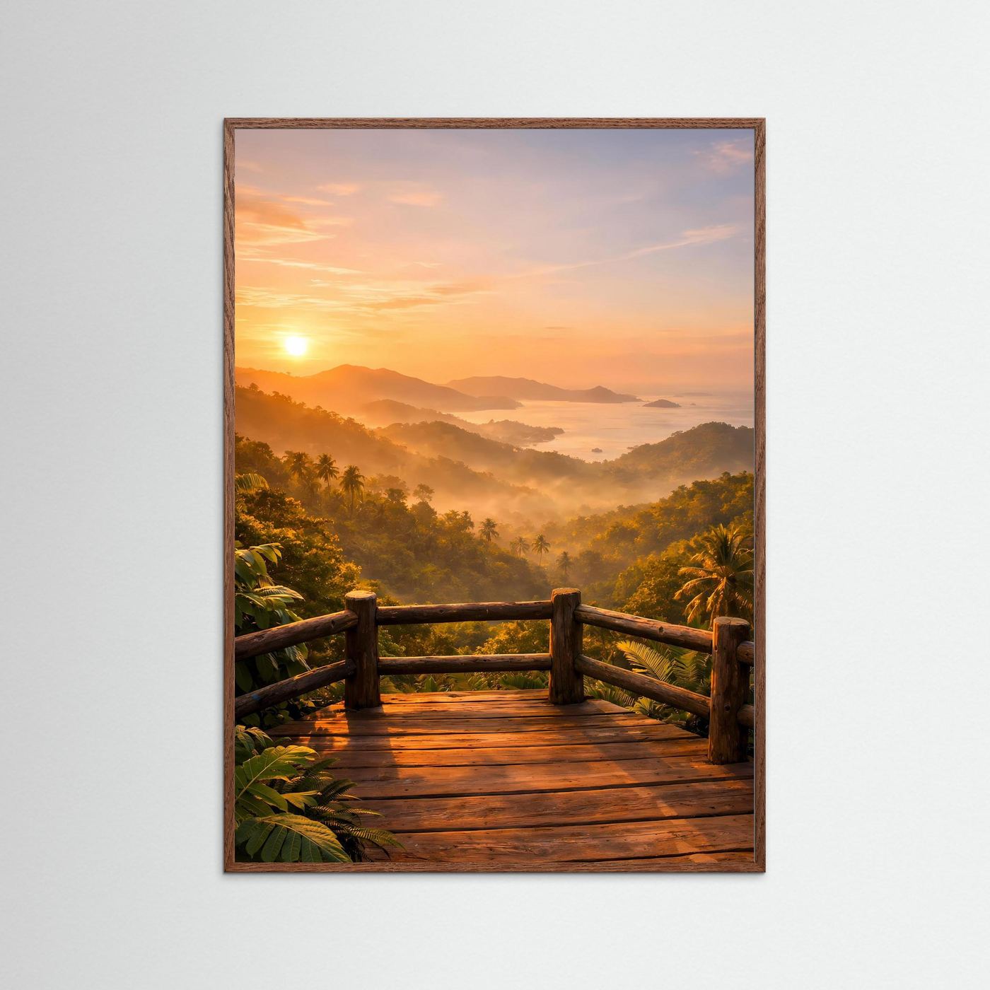 Dschungel-Poster mit Aussichtsterrasse und Sonnenuntergang im Hochformat, brauner Holzrahmen
