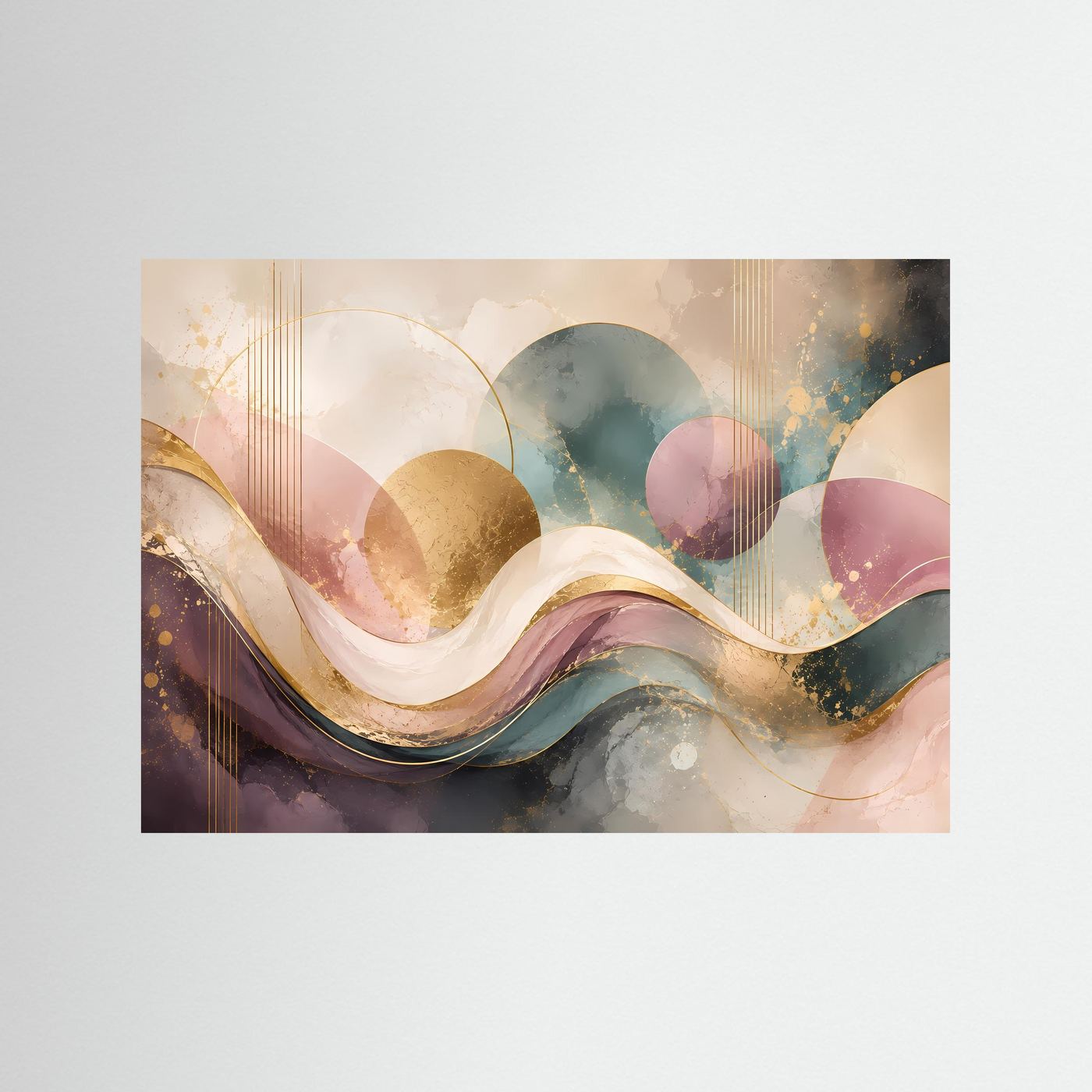 Abstrakte Wellen Poster Querformat | Moderne Wandkunst in Rosa, Gold, Petrol & Creme | Elegantes Luxus Wandbild mit geometrischen Formen