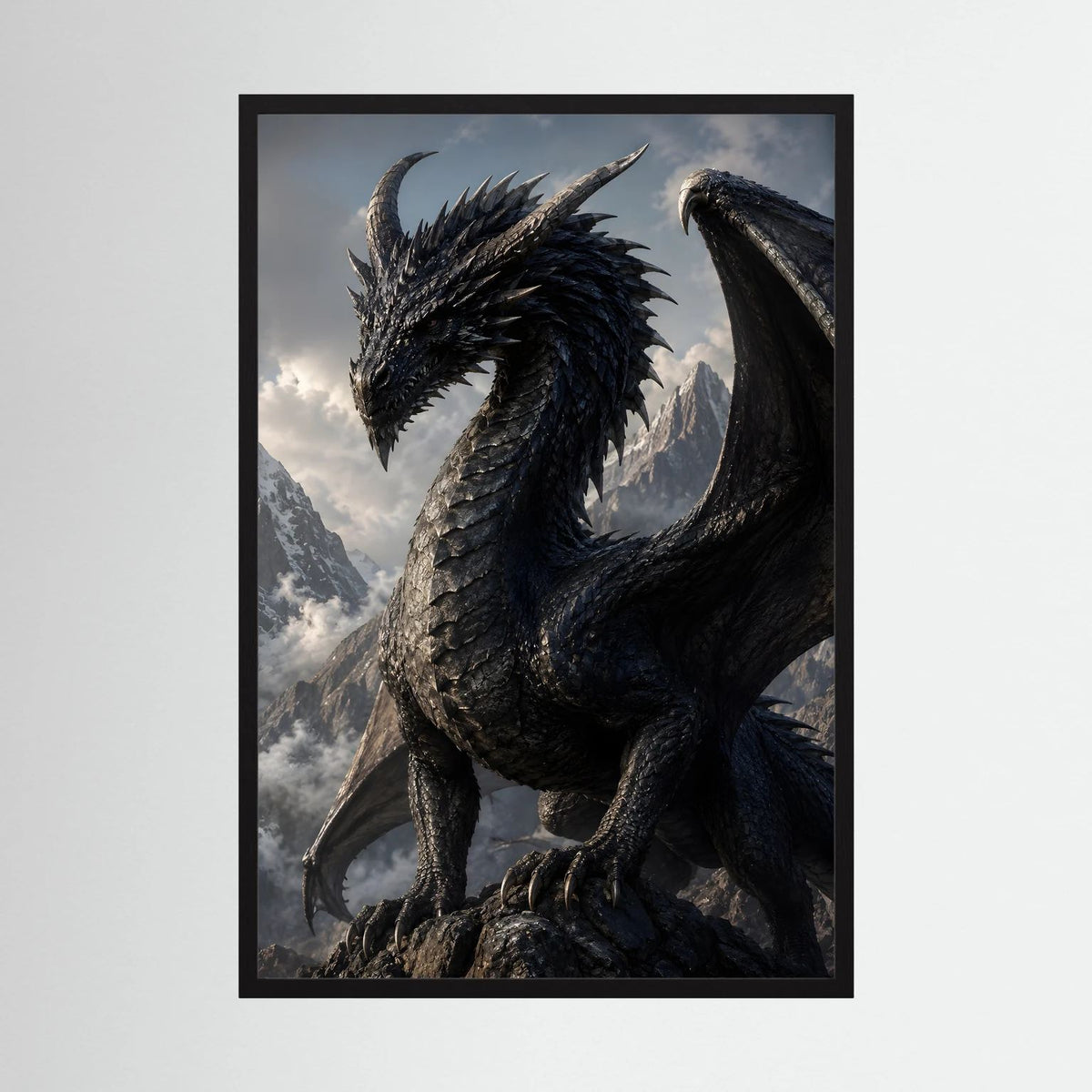 Fantasy-Drachenposter mit schwarzem Drachen in Berglandschaft, schwarzer Rahmen