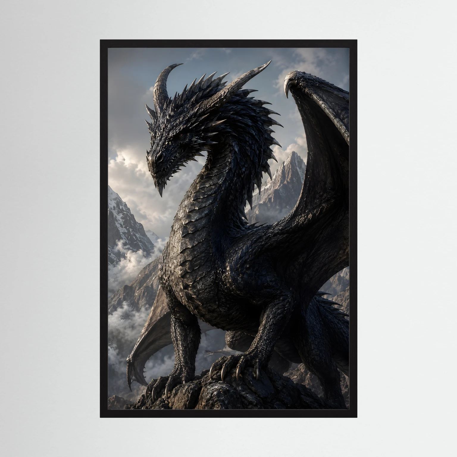 Fantasy-Drachenposter mit schwarzem Drachen in Berglandschaft, schwarzer Rahmen