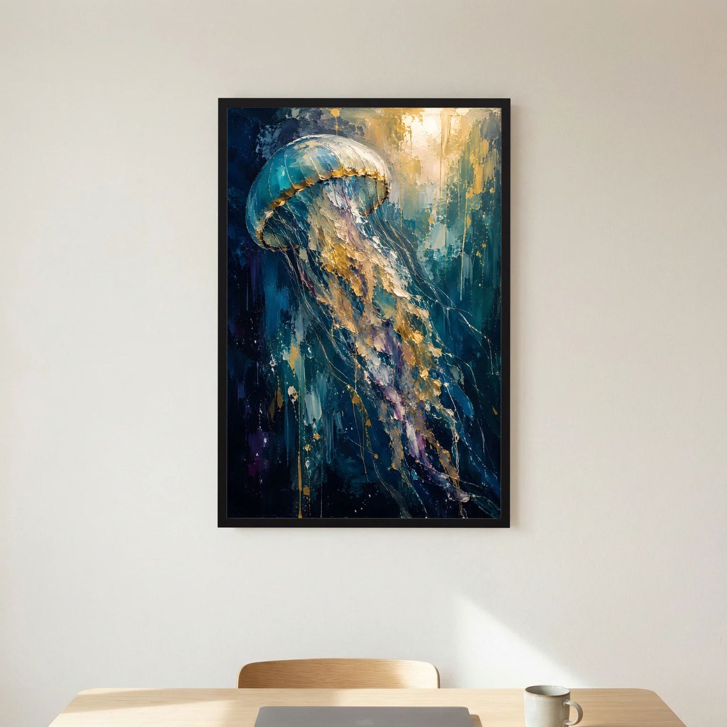 Wandbild mit abstrakter Qualle, Blau- und Goldfarben, schwarzer Rahmen, Ansicht gerade.