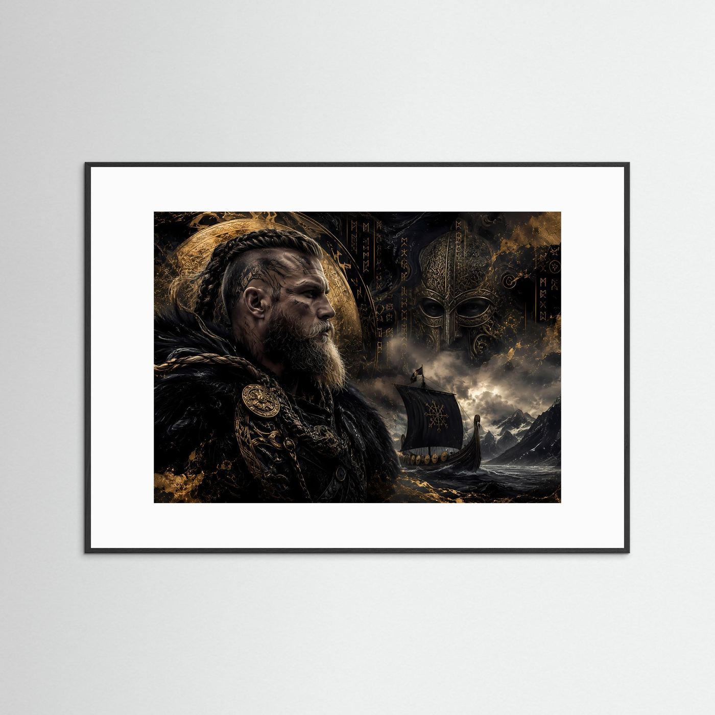 Epischer Wikinger-Krieger auf hoher See | Nordische Mythologie & Drachenschiff Poster Querformat