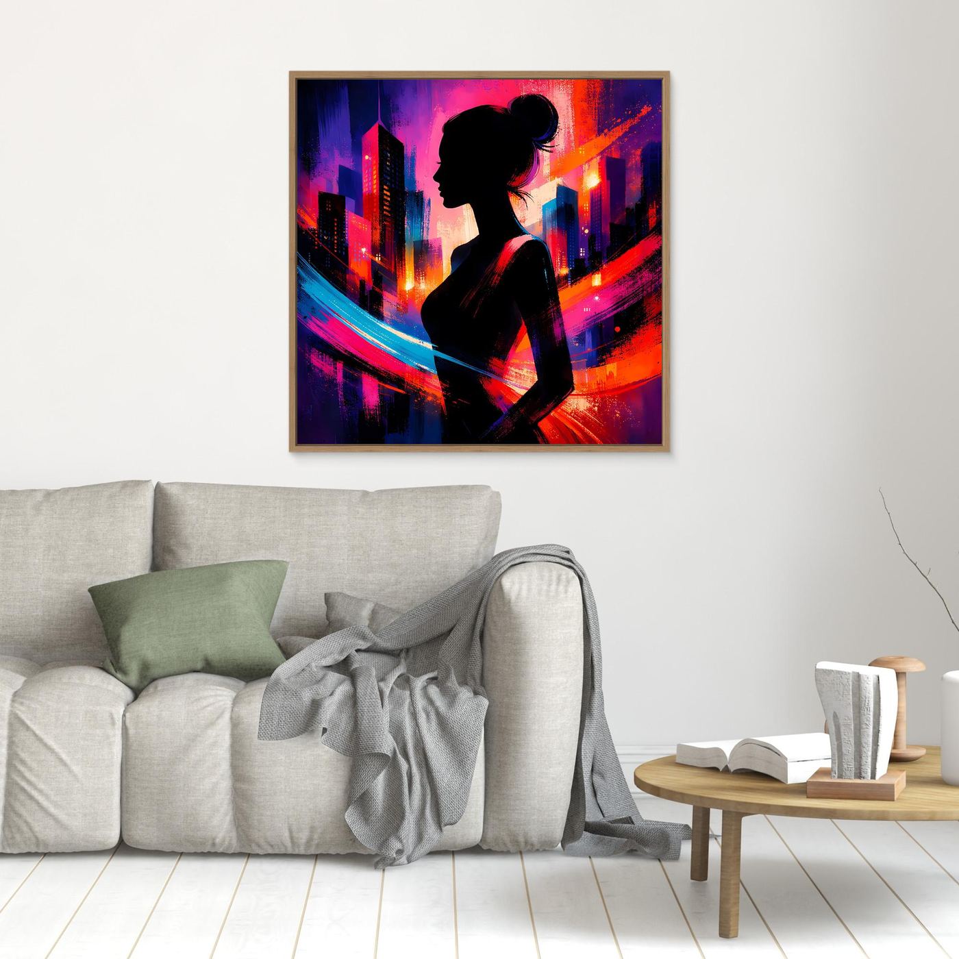 Leinwandbild mit Silhouette einer Frau und Neon-Stadt-Skyline, braun gerahmt