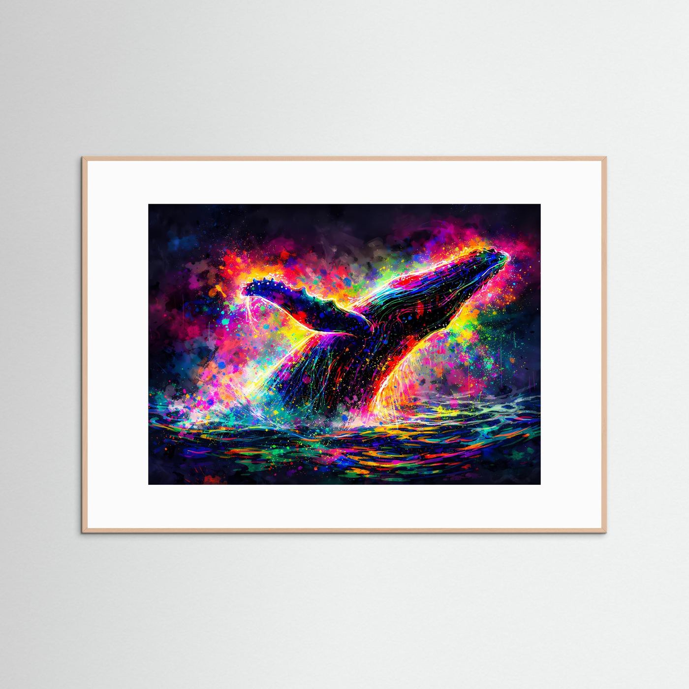 Neon-Buckelwal-Poster, abstrakte Neon-Farbeffekte, naturfarbenes Holzrahmen, querformatig