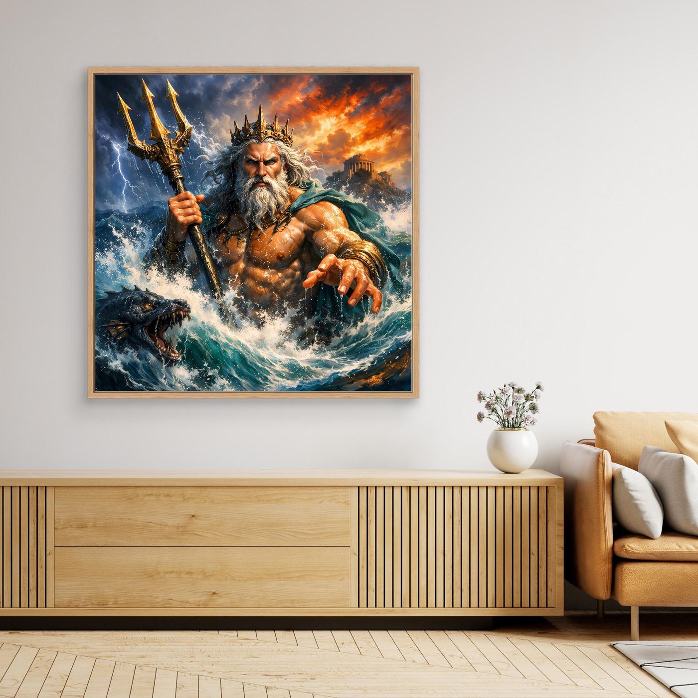 Leinwand Monumentaler Poseidon im Wellenrausch | Mythisches Meeresgott Wandbild
