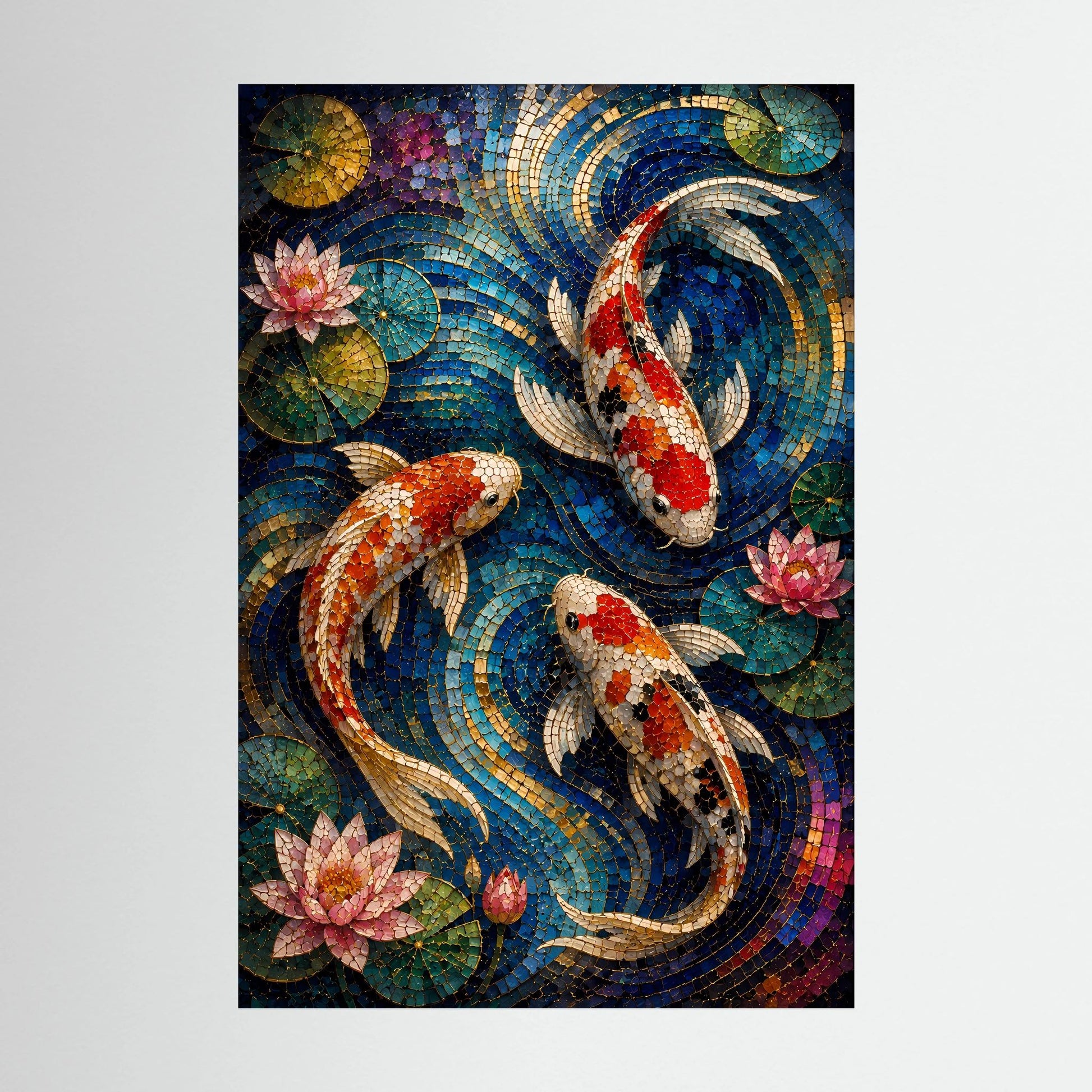 Koi Fische im Seerosenteich | Japanisches Mosaik in Blau & Gold | Poster Hochformat