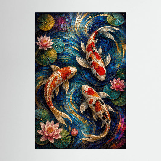 Koi Fische im Seerosenteich | Japanisches Mosaik in Blau & Gold | Poster Hochformat