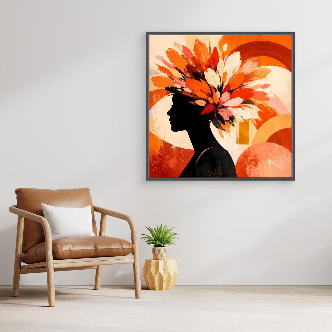 Leinwandbild mit Profil-Silhouette einer Frau und abstrakten Blumen in Orange und Weiß, hell gerahmt