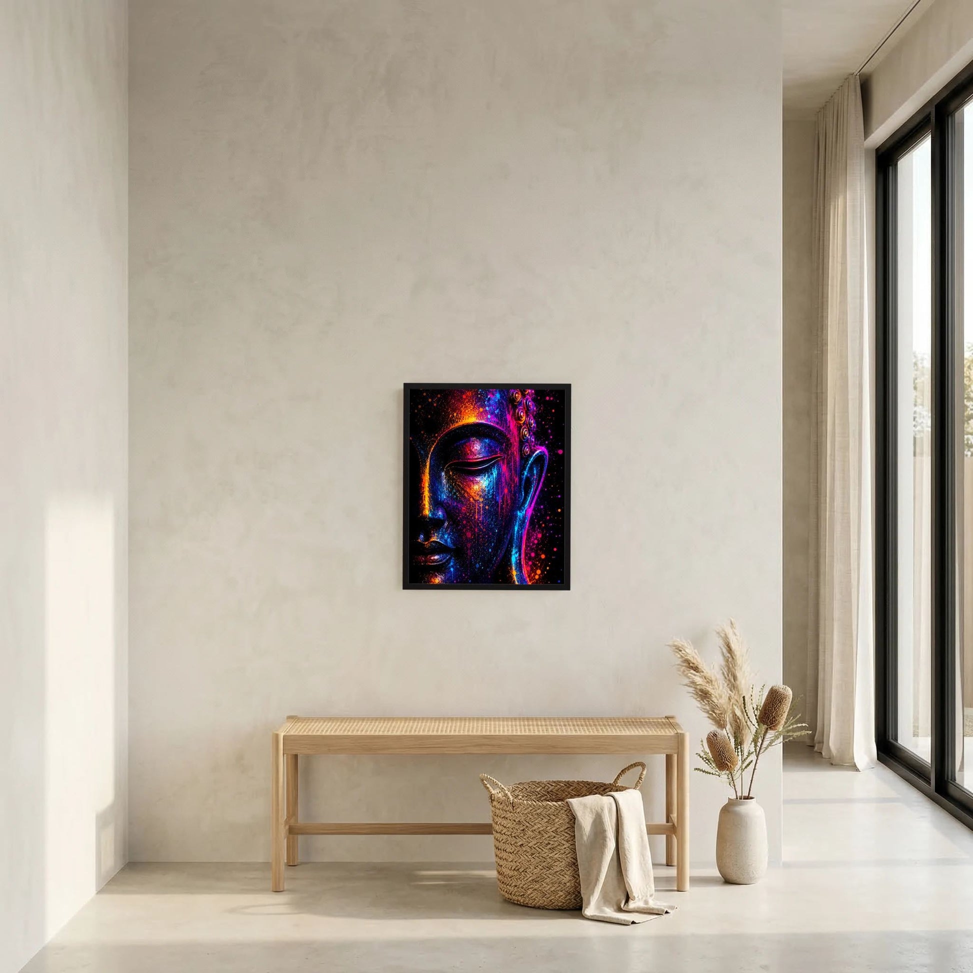 Kunstposter mit Buddha-Gesicht in Neonfarben (Pink, Blau, Orange), schwarz gerahmt