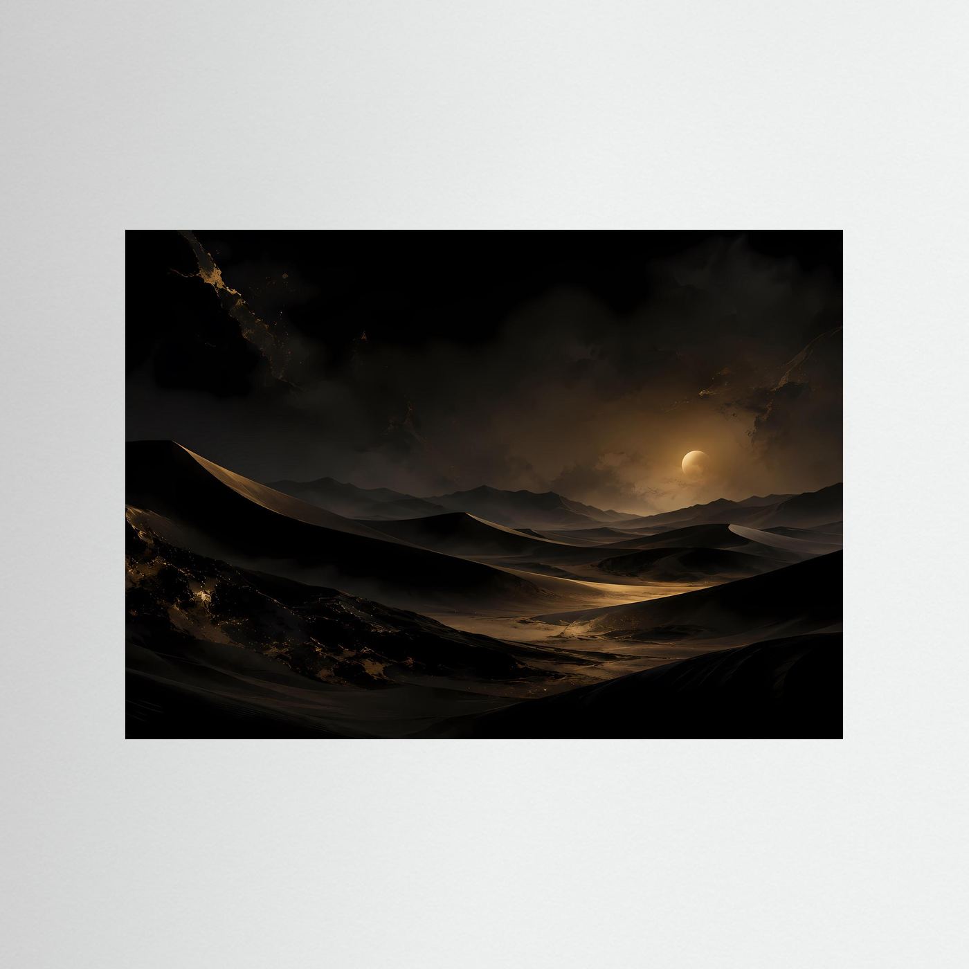 Wüste bei Nacht Poster | Gold Schwarz Dünen Landschaft | Mystische Mondnacht Wandbild | Elegante Wüstenkunst | Moderne Wall Art
