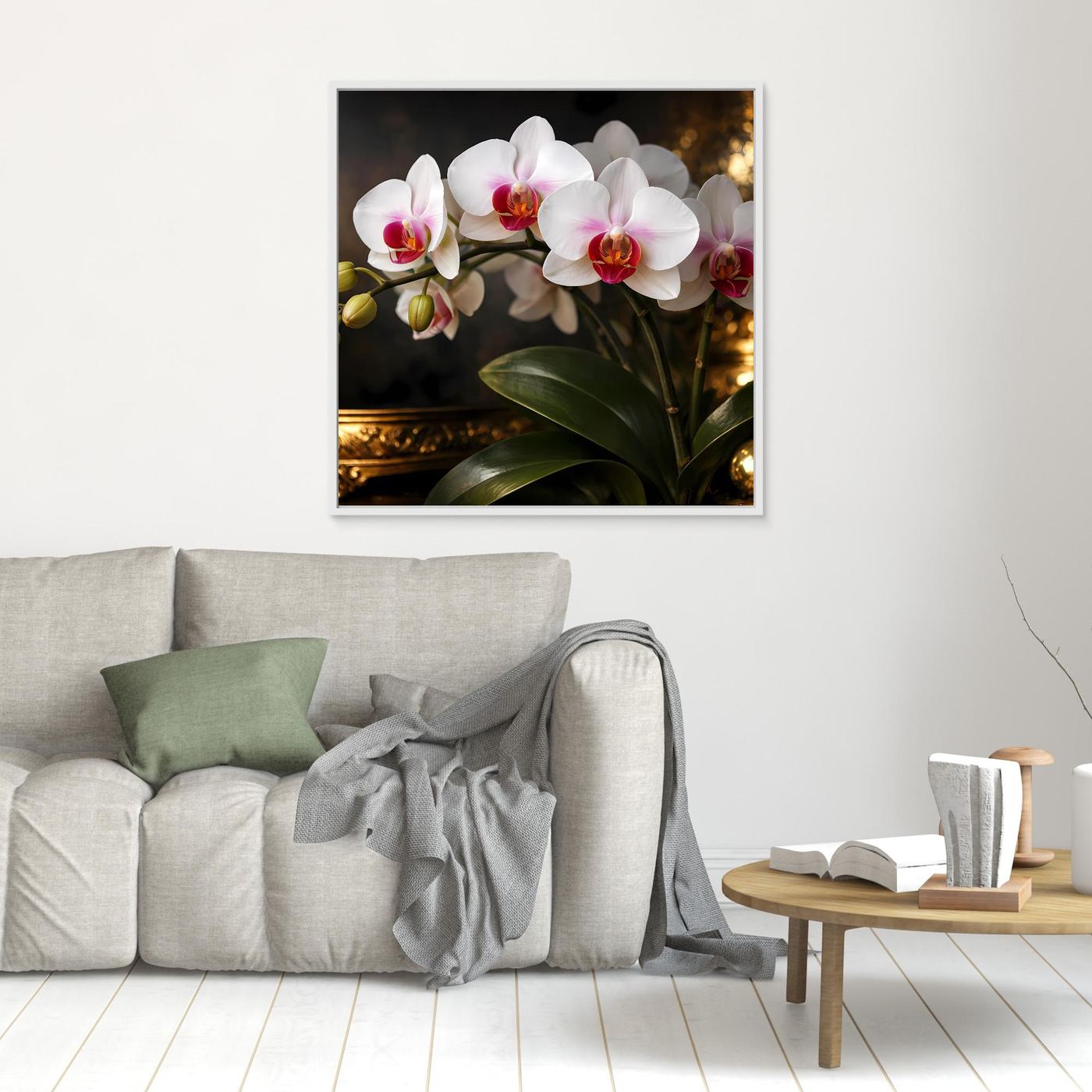 Orchideenblüten-Leinwandbild mit hellem Rahmen, weiße Blüten und grüne Blätter
