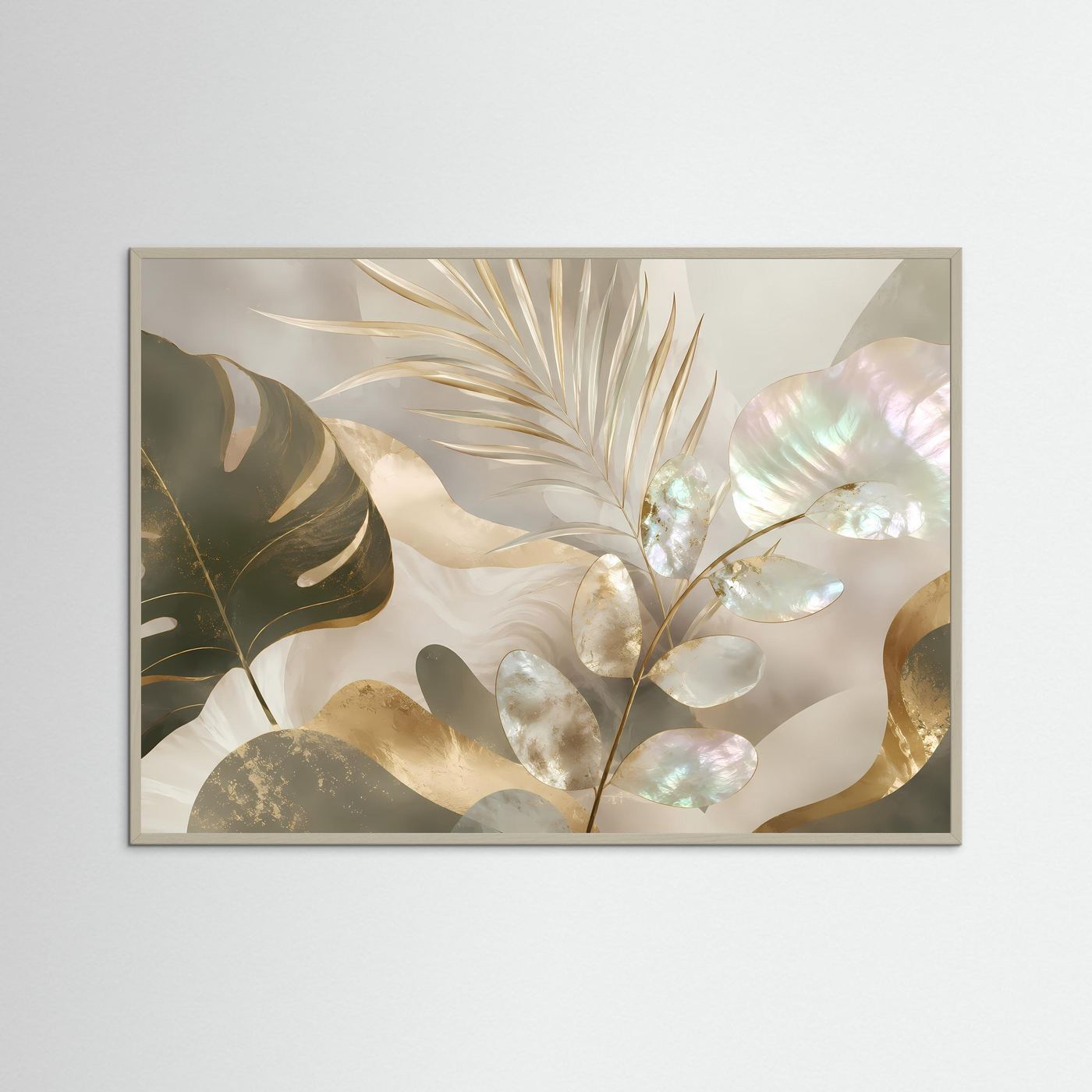 Abstraktes botanisches Poster im Querformat mit Tropenblättern, grauer Holzrahmen