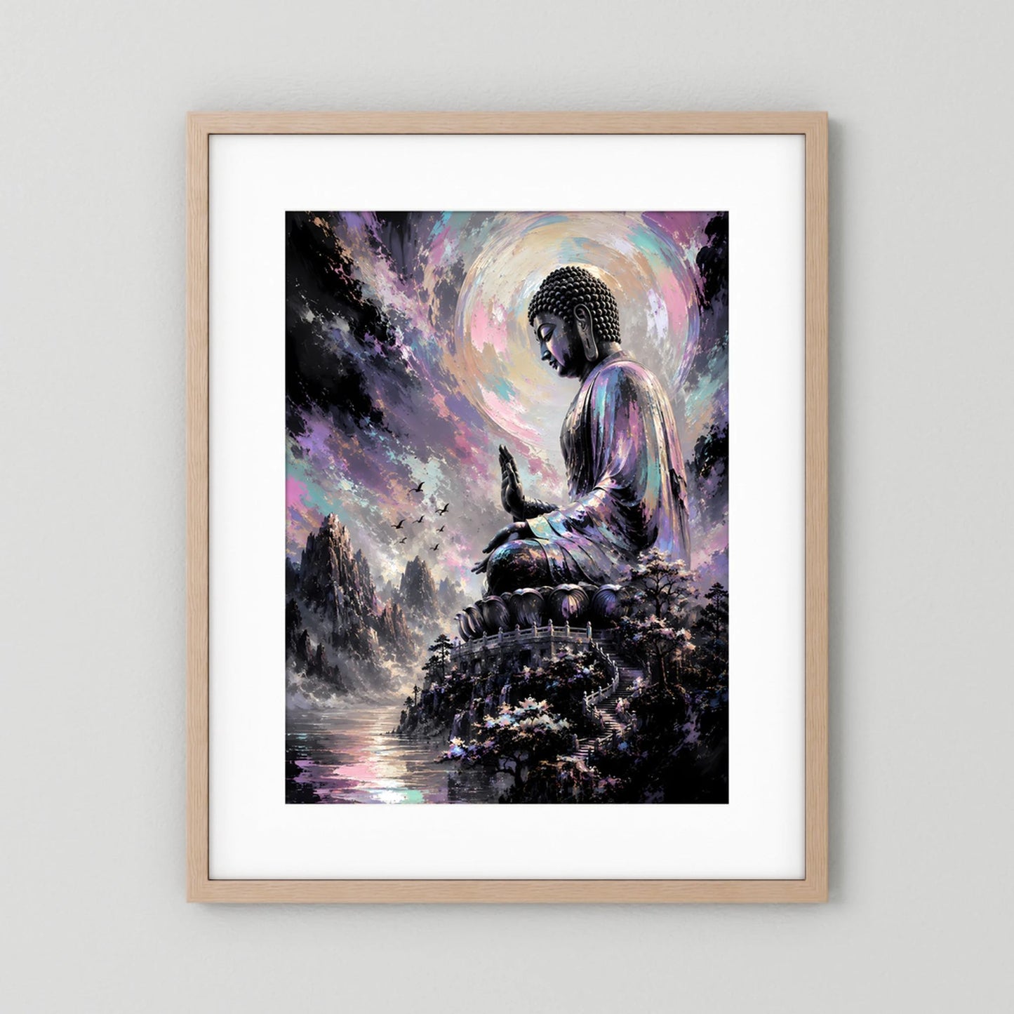 Kunstposter mit meditierendem Buddha in Pastellfarben, hellbrauner Holzrahmen mit weißem Rand