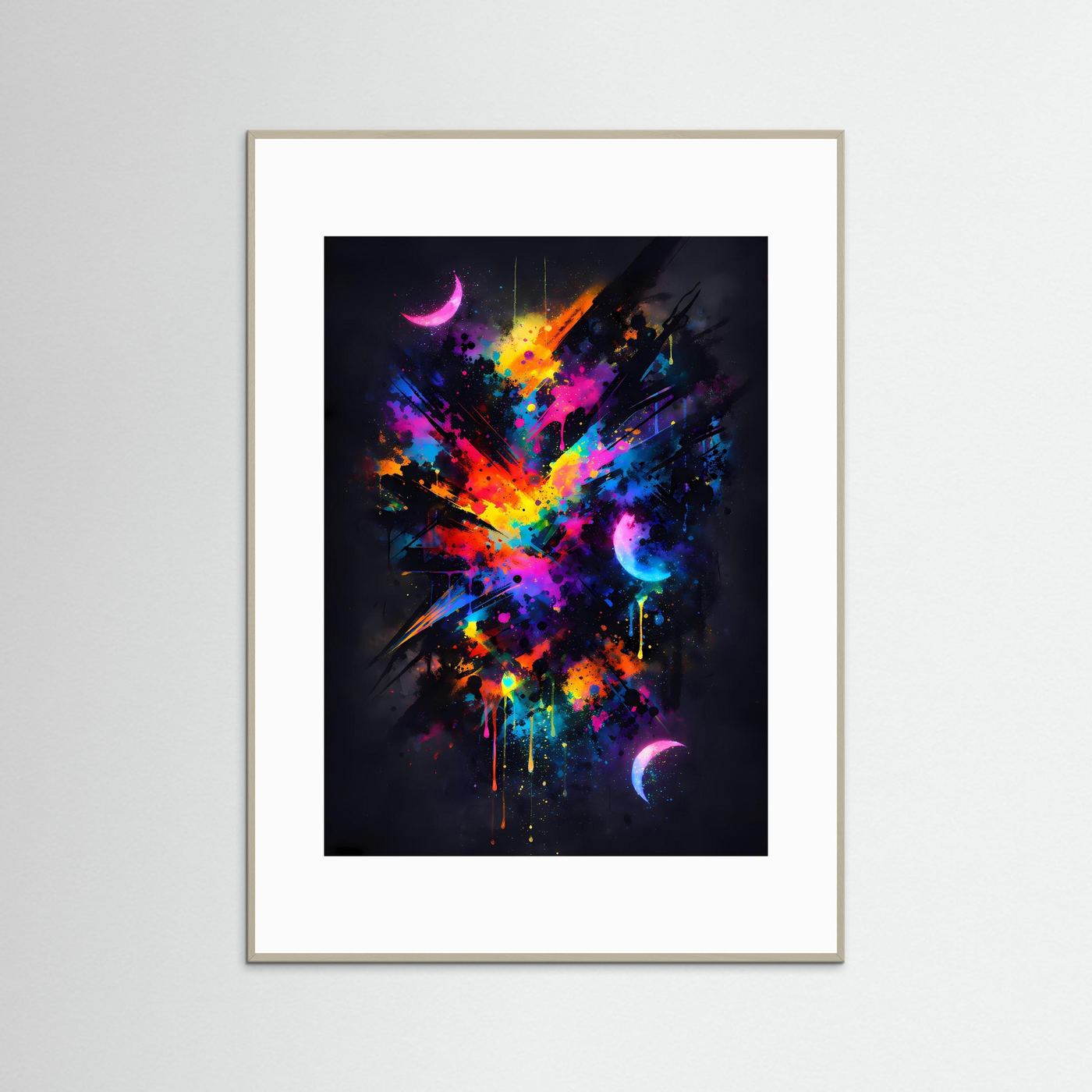 Die Kunst des Kosmos | Abstraktes Weltraum Poster in Neon-Farben & Schwarz | Modernes Galaxie Kunstposter Hochformat