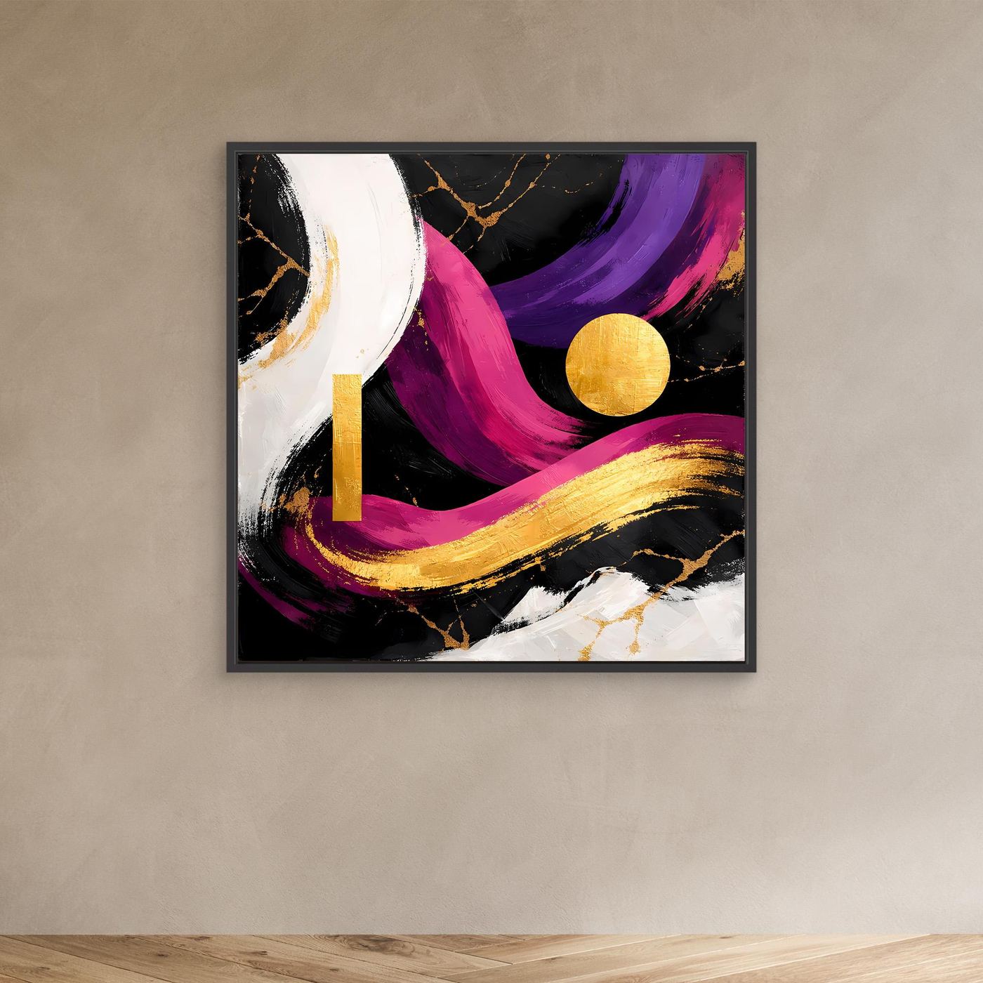 Abstraktes Leinwandbild im schwarzen Rahmen: magenta-lila Pinselstriche, goldener Kreis und Linien.