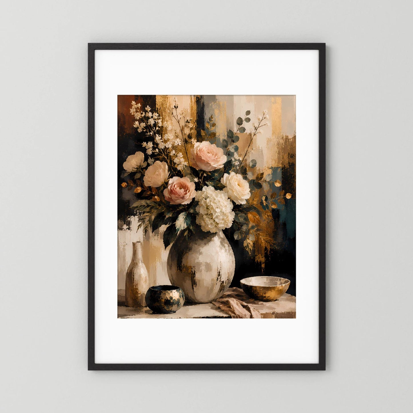 Hochformatiges Blumenstillleben-Poster mit Rosen und Hortensien im schwarzen Rahmen
