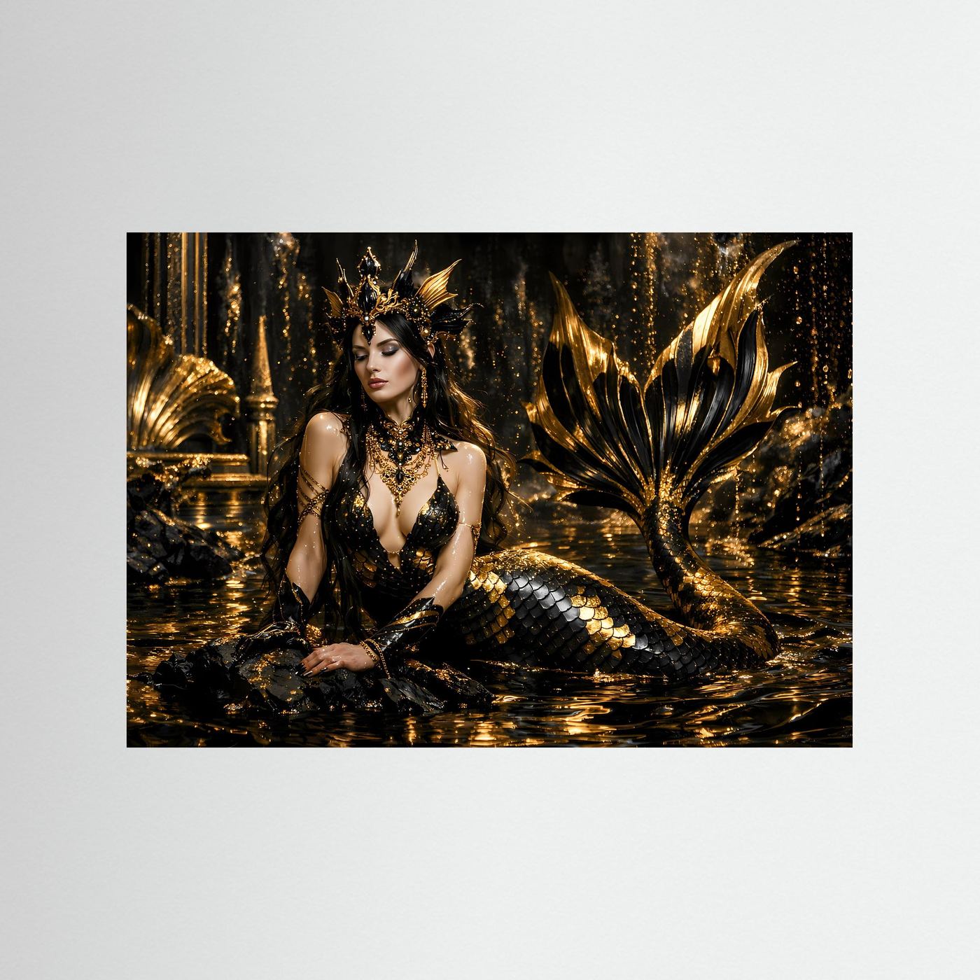 Goldene Meerjungfrau in Schwarz & Gold | Mystisches Fantasy Wandbild Querformat