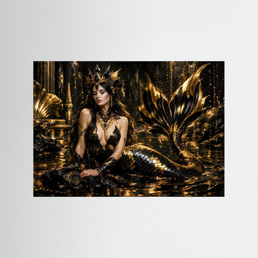 Wandbild (Querformat) mit Meerjungfrau in Schwarz und Gold, mit goldenen Flossen