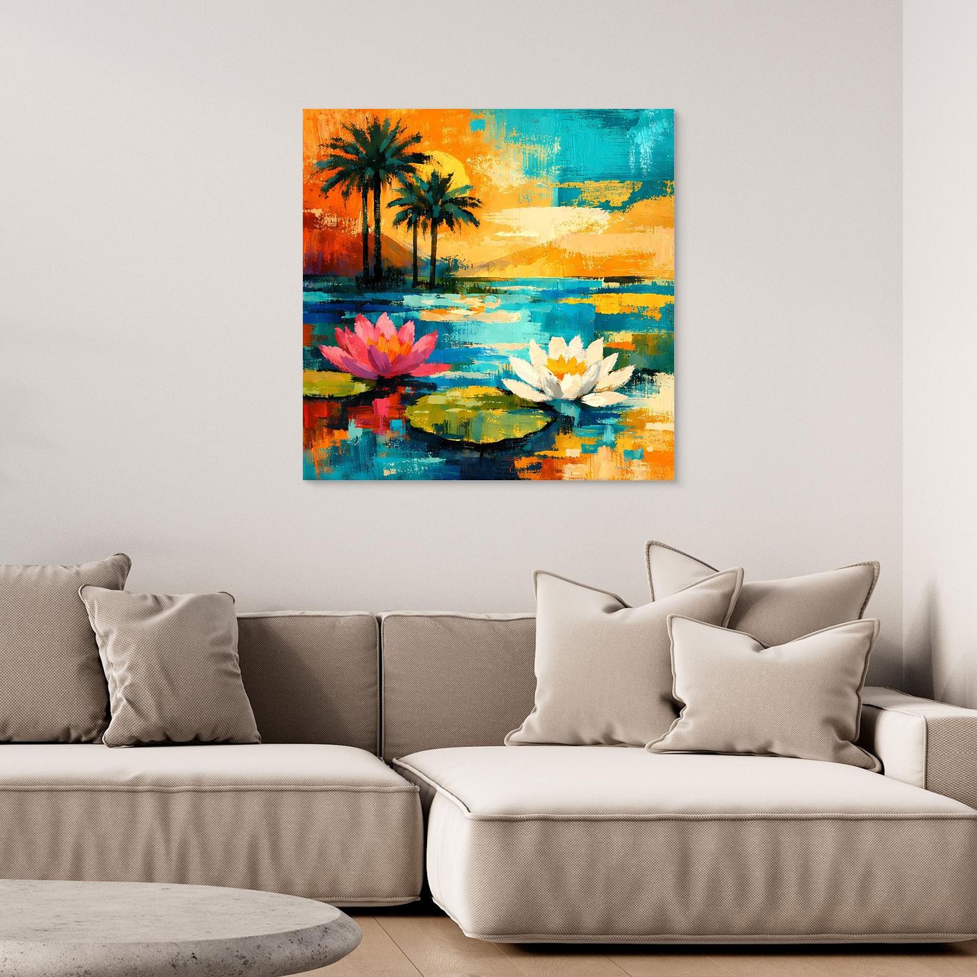 Abstraktes Leinwand-Wandbild: Palmen, Seerosen und tropischer See in Blau/Orange/Pink
