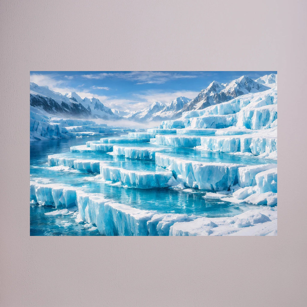 Querformatiges Wandbild mit blauem Gletscherfjord und Eisbergen