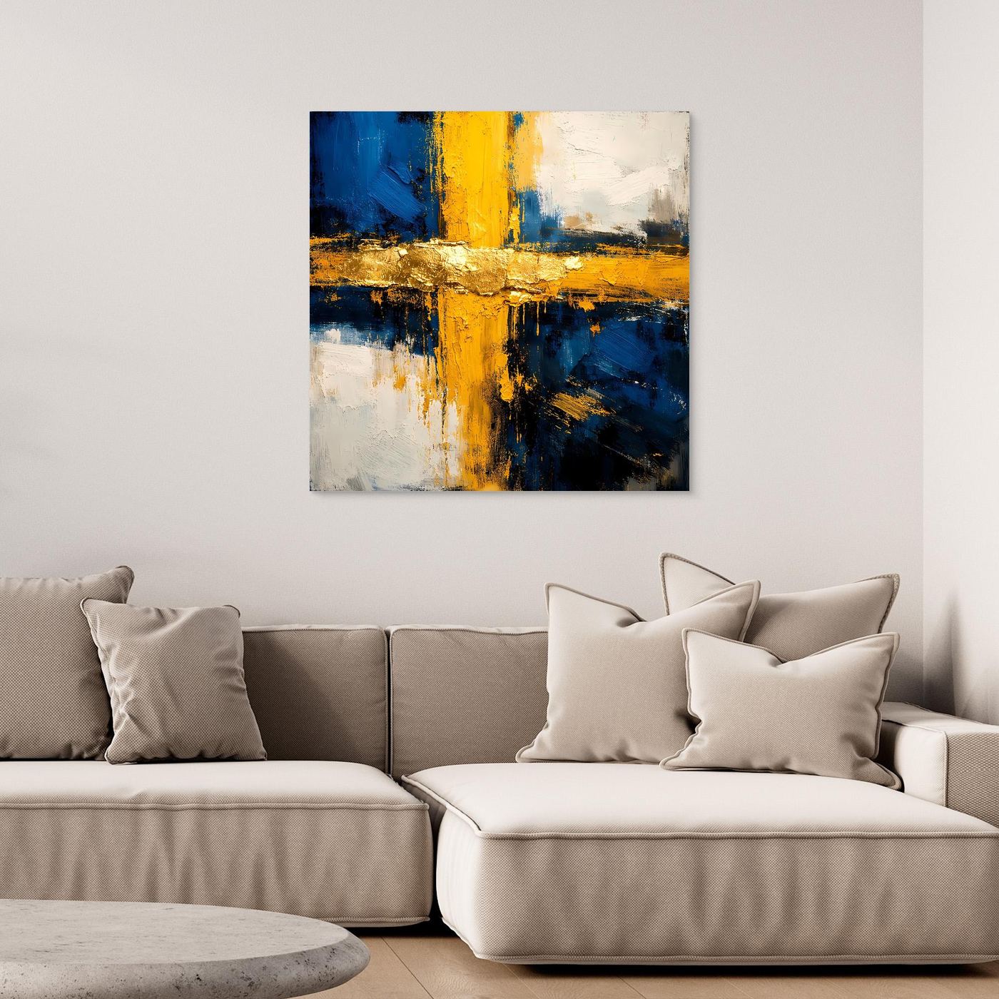 Abstraktes Leinwandbild mit Kreuz-Optik in Blau, Gelb und Gold auf hellem Grund