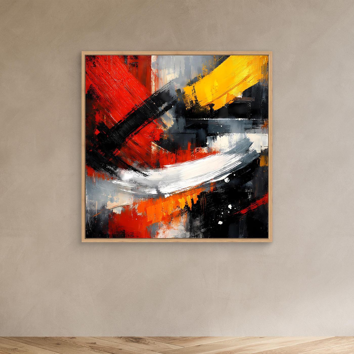 Abstraktes Leinwand-Wandbild in Rot, Gelb und Schwarz mit hellem Holzrahmen