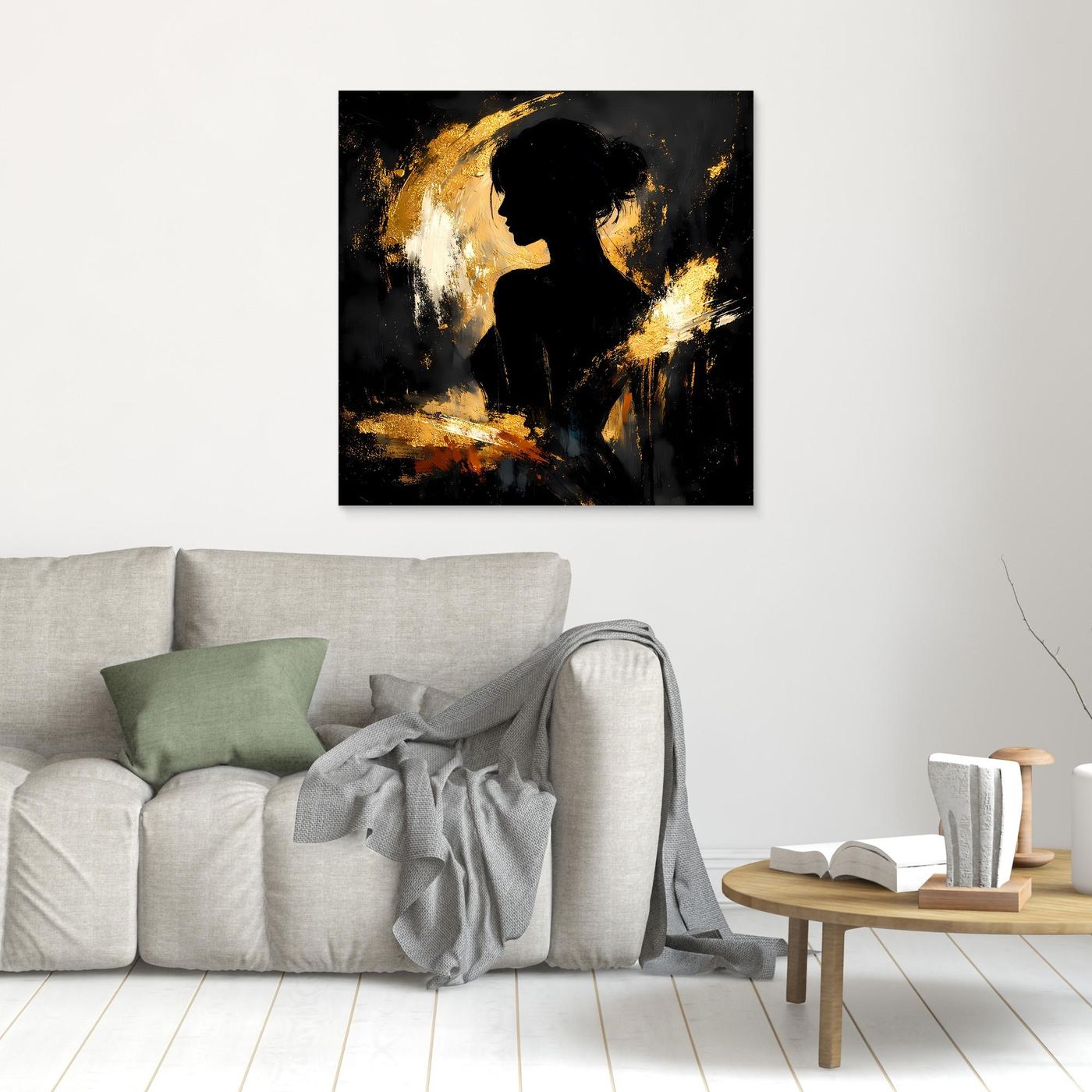 Leinwand Elegante Silhouette in Gold und Schwarz | Modernes Abstraktes Frauen Portrait Wandbild