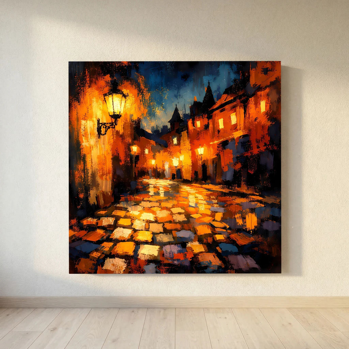 Leinwand Abstraktes Altstadt Gemälde | Modernes Romantisches Gassen Wandbild bei Nacht