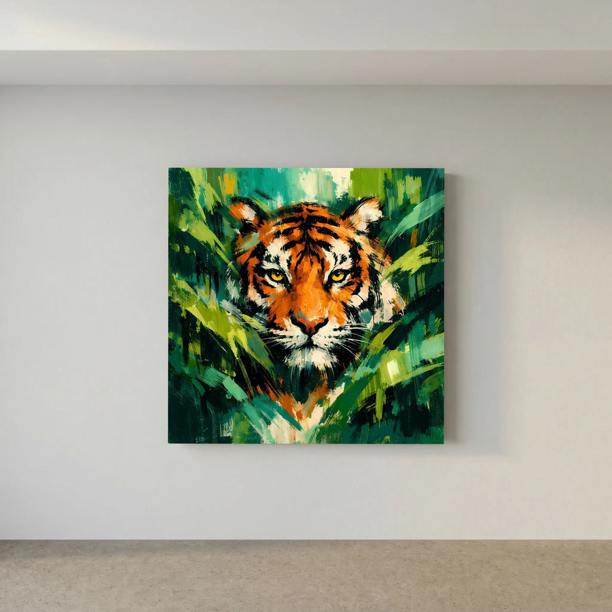 Leinwand Abstraktes Tiger Gemälde | Modernes Wandbild Raubkatze Dschungel Grün Orange