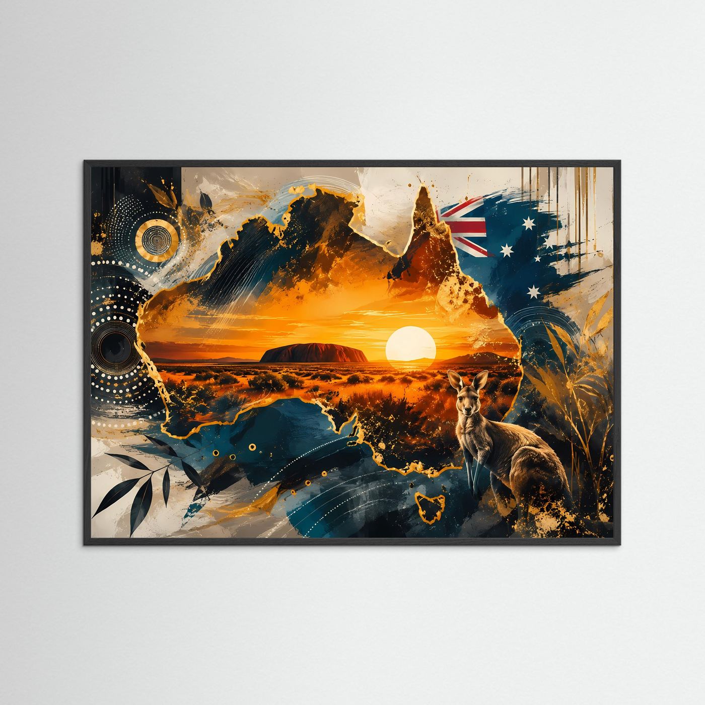 Artprint im schwarzem Rahmen mit Sonnenuntergang und Tieren, Australien-Motiv