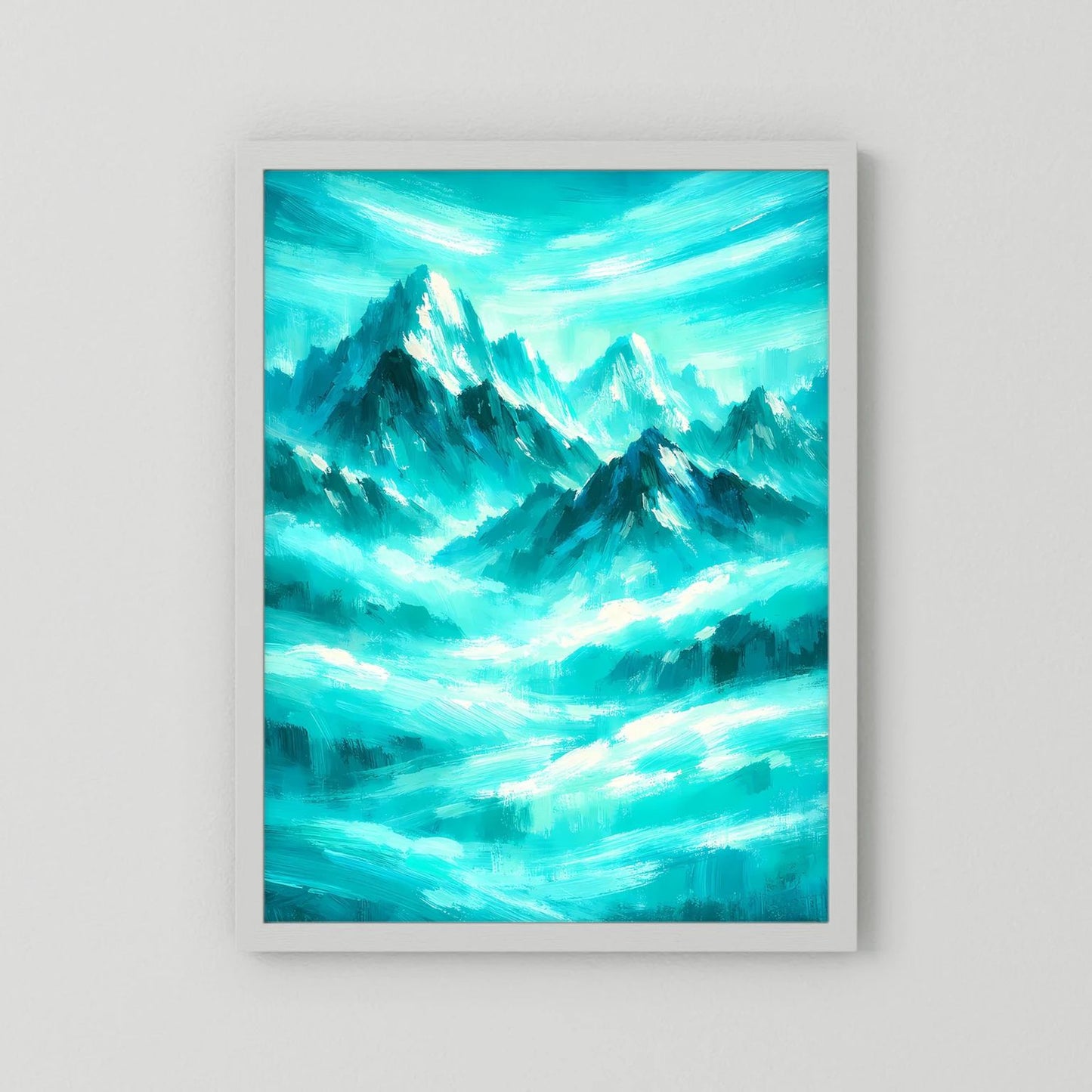 Wandbild im Hochformat mit abstrakter türkisweißer Berglandschaft und weißem Rahmen