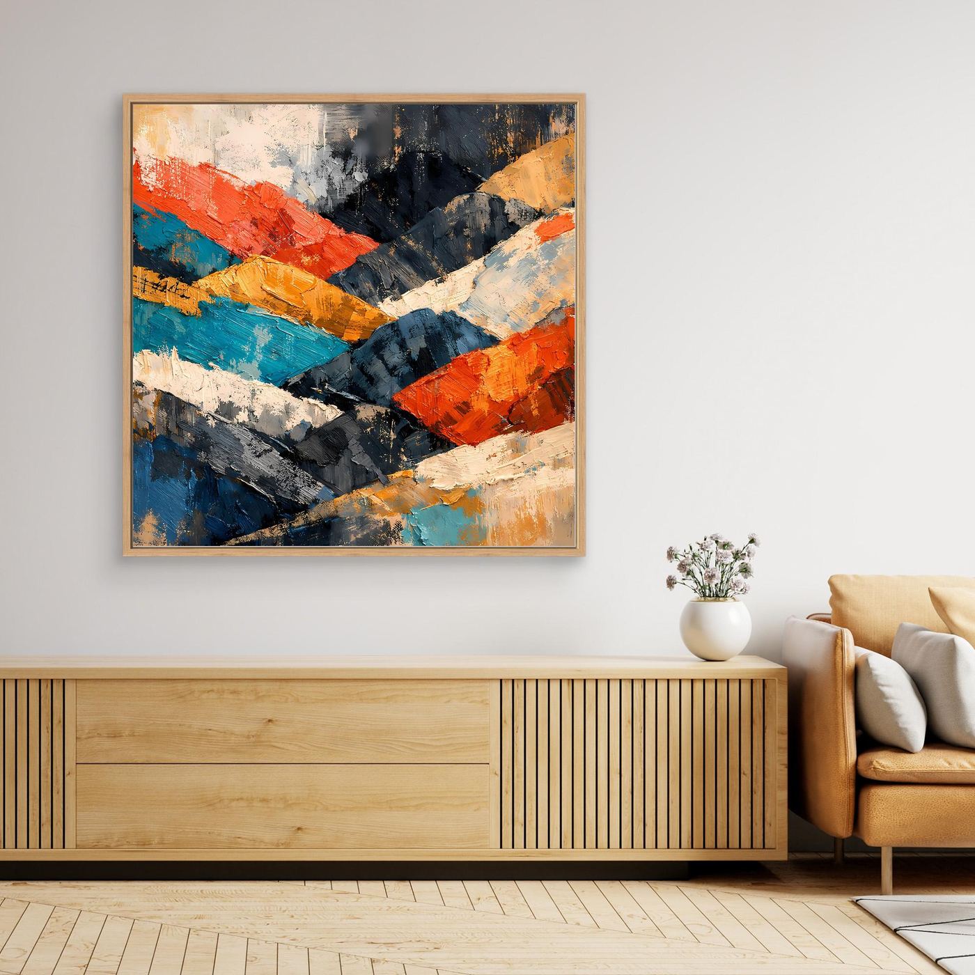 Abstraktes Leinwand-Wandbild mit Gebirgsmotiv, bunte Farb- und Pinselstreifen, mit Holzrahmen